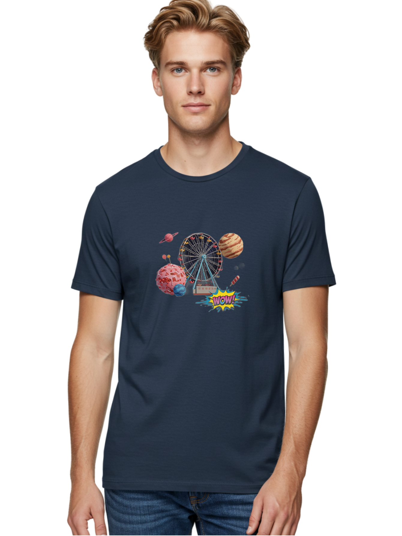 Wow Men'S Graphic Tee, 100% Cotton, Comfortable Casual Summer Wear, Machine Washable, Carnival Ferris Wheel, Planets, Explosion, Comic Speech Bubble, Wow Text, Colorful Illustration, Amusement Park, Whimsical Art, Fantasy Scene, Bad933