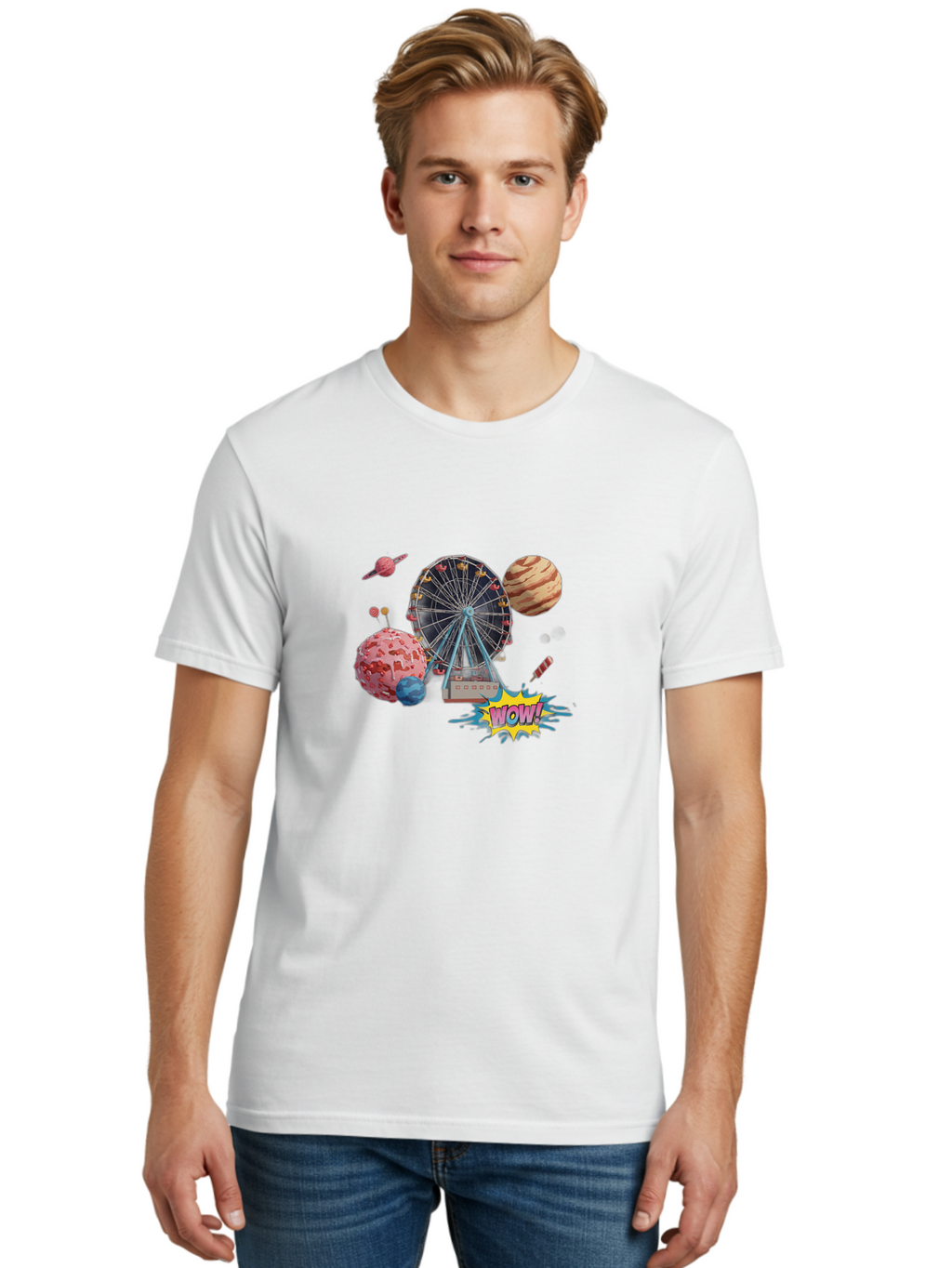 Wow Men'S Graphic Tee, 100% Cotton, Comfortable Casual Summer Wear, Machine Washable, Carnival Ferris Wheel, Planets, Explosion, Comic Speech Bubble, Wow Text, Colorful Illustration, Amusement Park, Whimsical Art, Fantasy Scene, Bad933