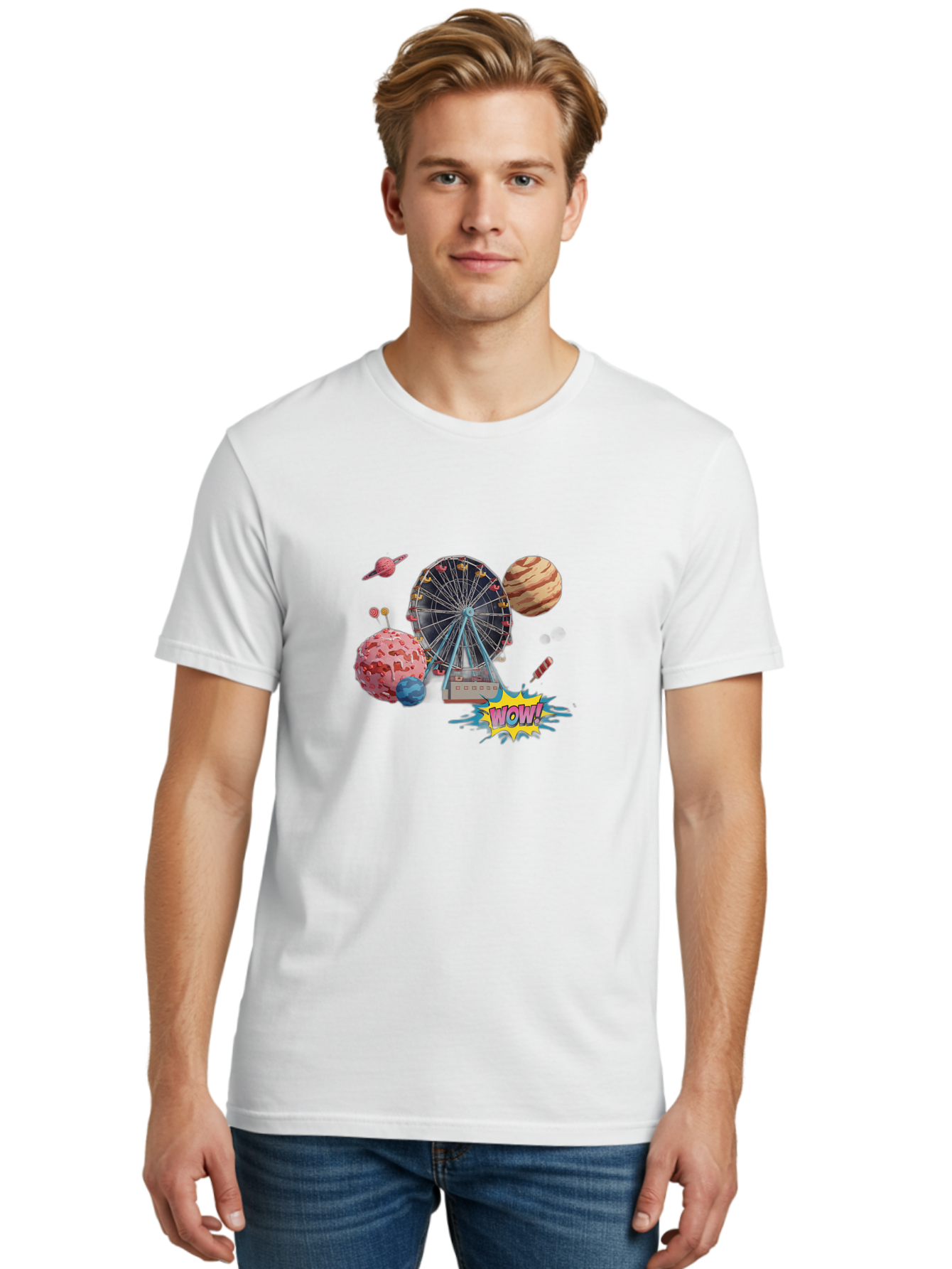 Wow Men'S Graphic Tee, 100% Cotton, Comfortable Casual Summer Wear, Machine Washable, Carnival Ferris Wheel, Planets, Explosion, Comic Speech Bubble, Wow Text, Colorful Illustration, Amusement Park, Whimsical Art, Fantasy Scene, Bad933
