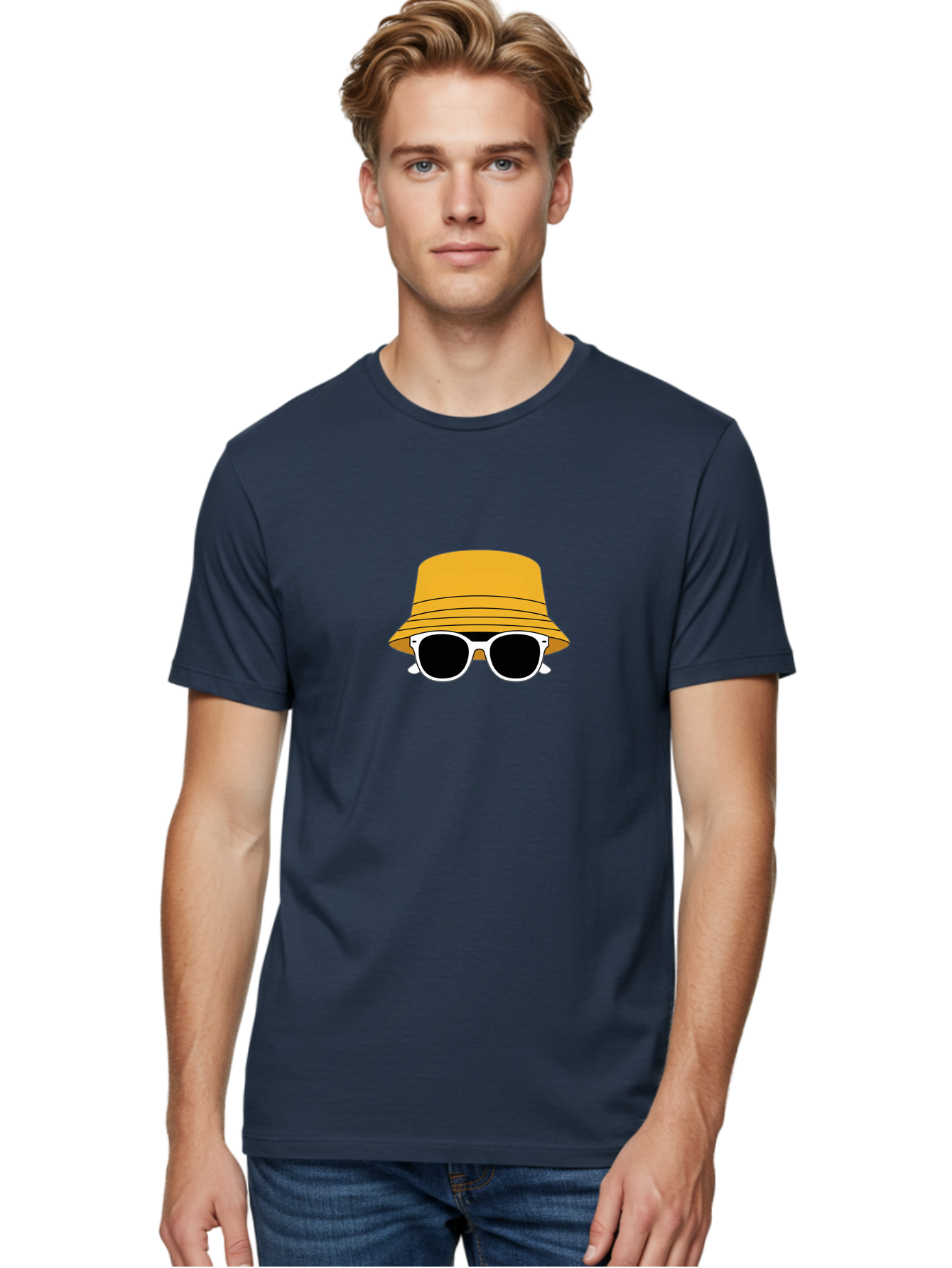 Yellow-Bucket-Hat-And-Sunglasses Men'S Graphic Tee, 100% Cotton, Comfortable Casual Summer Wear, Machine Washable, Cartoon Style, White Sunglasses, Yellow Bucket Hat, Minimalist Design, Fashion Accessory, Trendy Look, Cool Shades, Summer Vibe Bad938