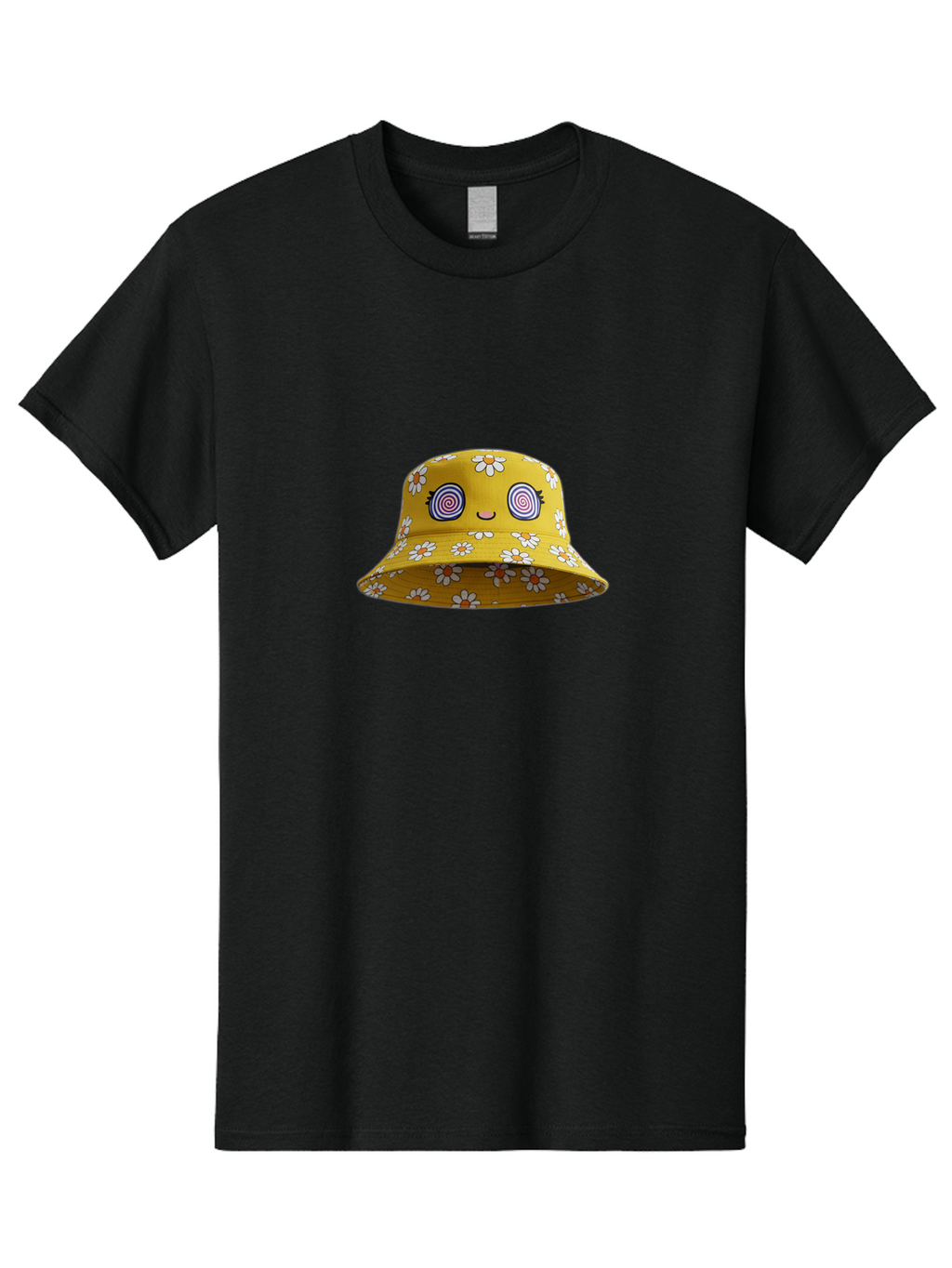 Yellow-Floral-Bucket-Hat Men'S Graphic Tee, 100% Cotton, Comfortable Casual Summer Wear, Machine Washable, Yellow Bucket Hat, Floral Pattern, Cartoon Face, Spiral Eyes, Smiling Mouth, Feminine Lashes, Fashion Accessory, Summer Hat, Beachwear, Bad939