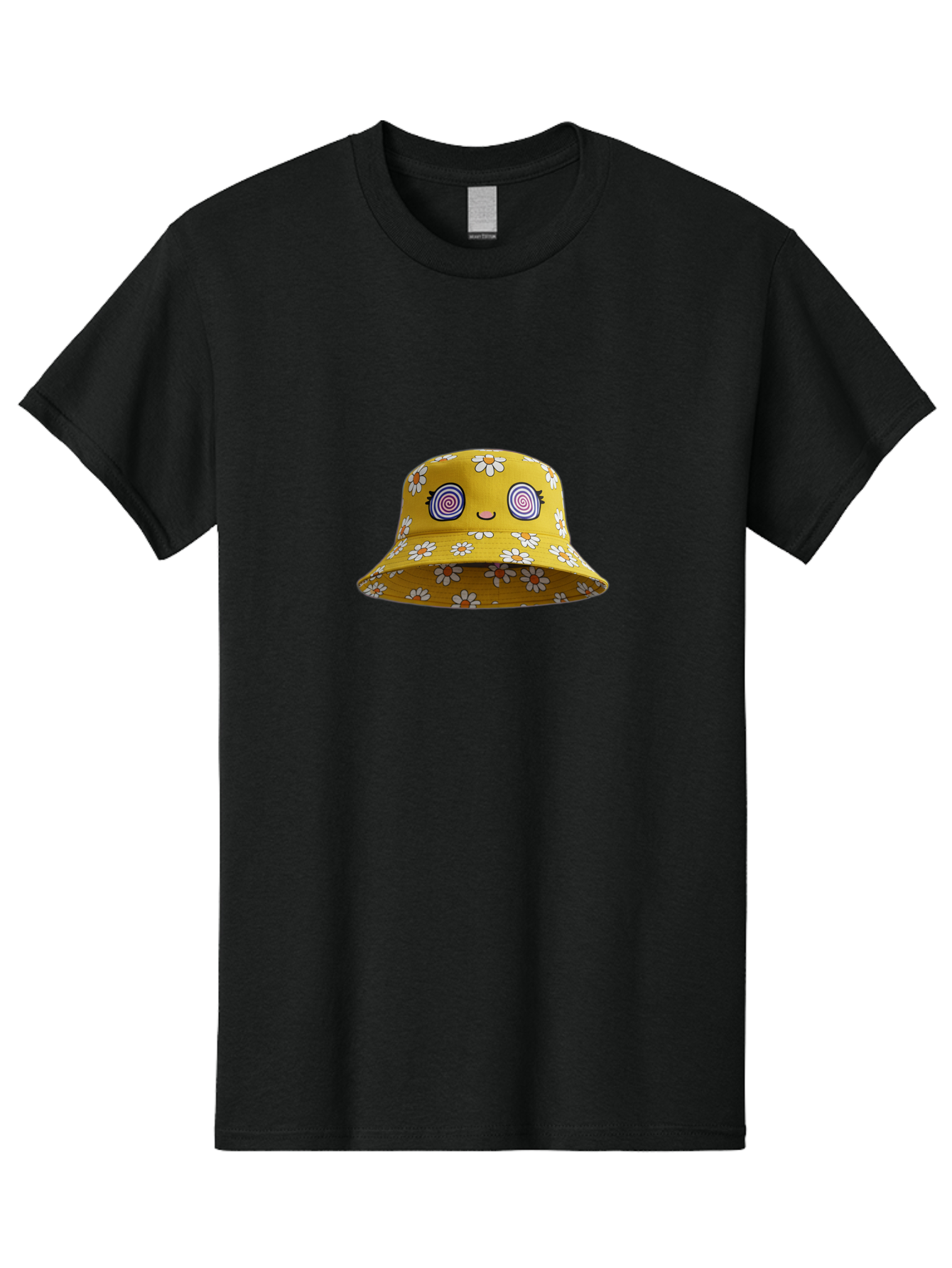 Yellow-Floral-Bucket-Hat Men'S Graphic Tee, 100% Cotton, Comfortable Casual Summer Wear, Machine Washable, Yellow Bucket Hat, Floral Pattern, Cartoon Face, Spiral Eyes, Smiling Mouth, Feminine Lashes, Fashion Accessory, Summer Hat, Beachwear, Bad939