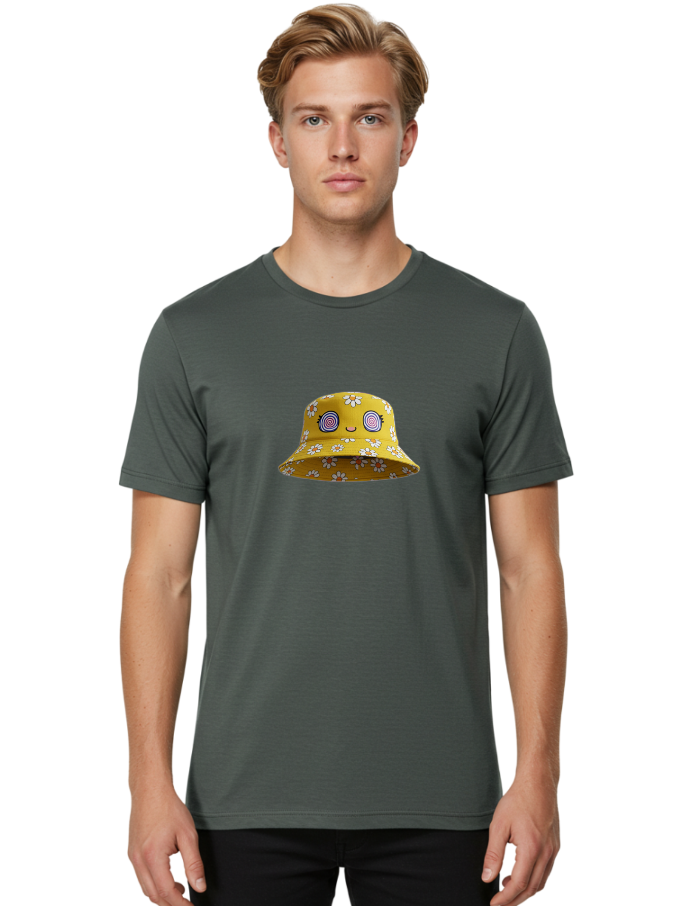 Yellow-Floral-Bucket-Hat Men'S Graphic Tee, 100% Cotton, Comfortable Casual Summer Wear, Machine Washable, Yellow Bucket Hat, Floral Pattern, Cartoon Face, Spiral Eyes, Smiling Mouth, Feminine Lashes, Fashion Accessory, Summer Hat, Beachwear, Bad939