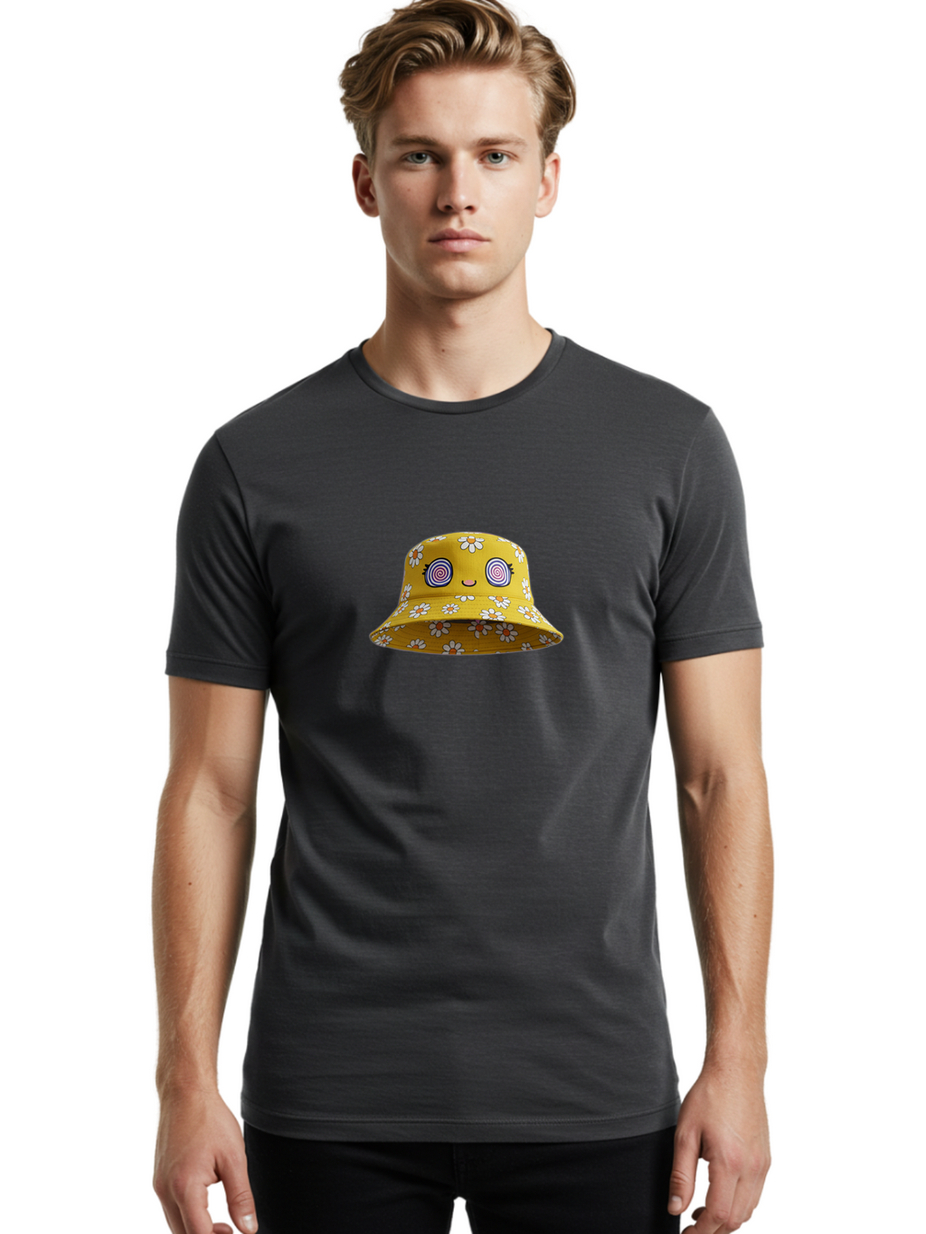 Yellow-Floral-Bucket-Hat Men'S Graphic Tee, 100% Cotton, Comfortable Casual Summer Wear, Machine Washable, Yellow Bucket Hat, Floral Pattern, Cartoon Face, Spiral Eyes, Smiling Mouth, Feminine Lashes, Fashion Accessory, Summer Hat, Beachwear, Bad939