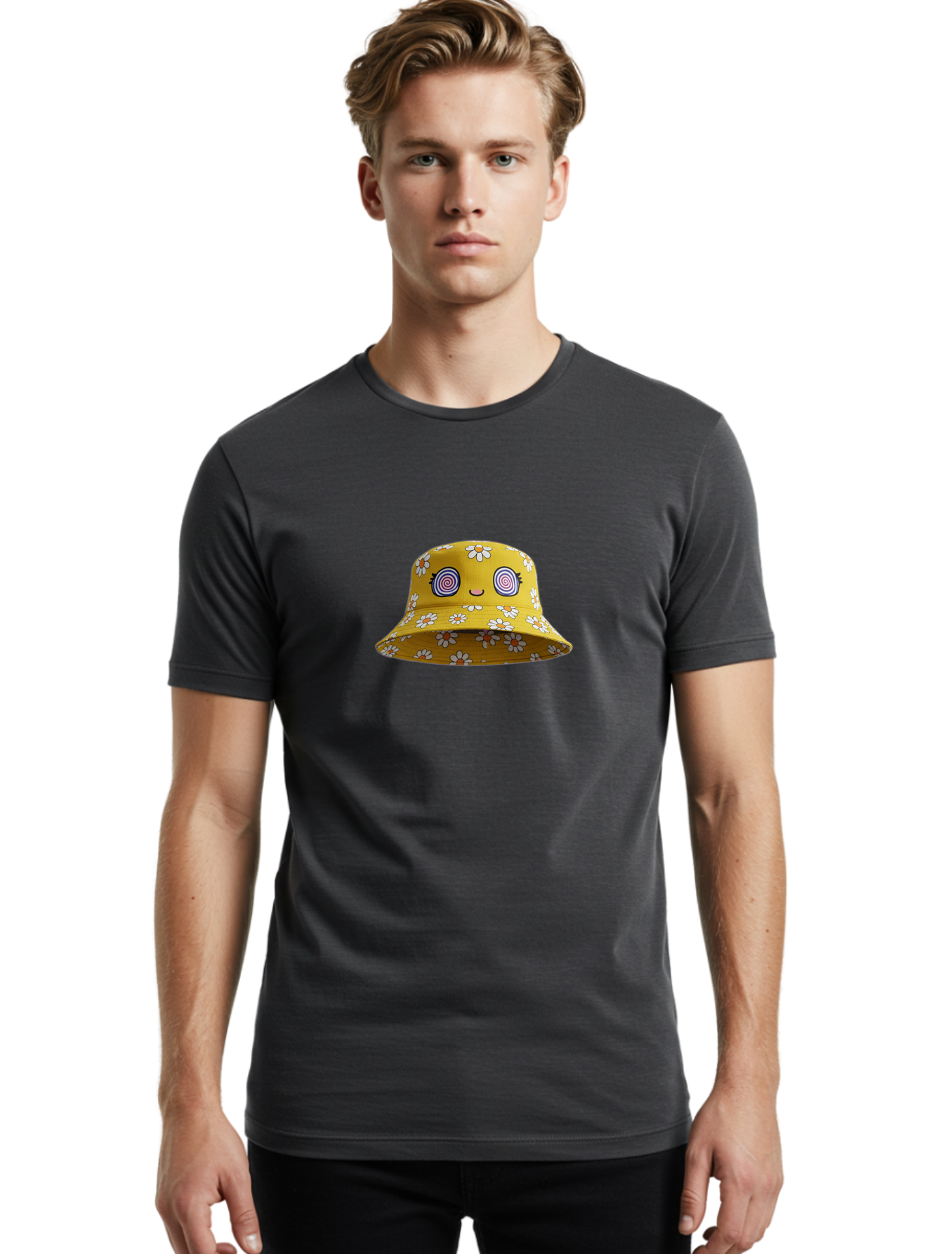 Yellow-Floral-Bucket-Hat Men'S Graphic Tee, 100% Cotton, Comfortable Casual Summer Wear, Machine Washable, Yellow Bucket Hat, Floral Pattern, Cartoon Face, Spiral Eyes, Smiling Mouth, Feminine Lashes, Fashion Accessory, Summer Hat, Beachwear, Bad939