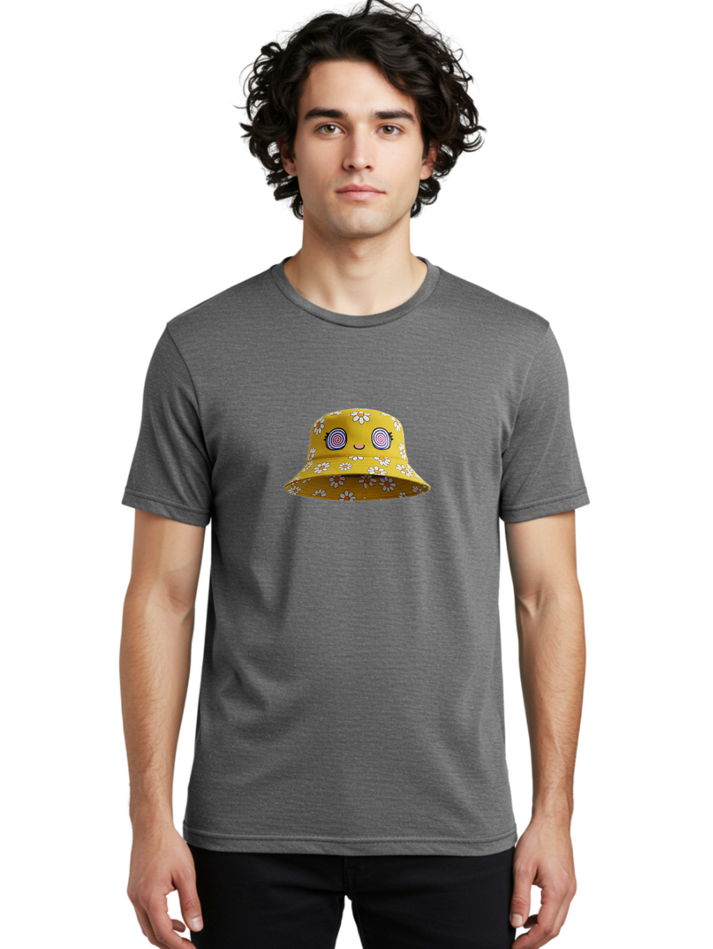 Yellow-Floral-Bucket-Hat Men'S Graphic Tee, 100% Cotton, Comfortable Casual Summer Wear, Machine Washable, Yellow Bucket Hat, Floral Pattern, Cartoon Face, Spiral Eyes, Smiling Mouth, Feminine Lashes, Fashion Accessory, Summer Hat, Beachwear, Bad939