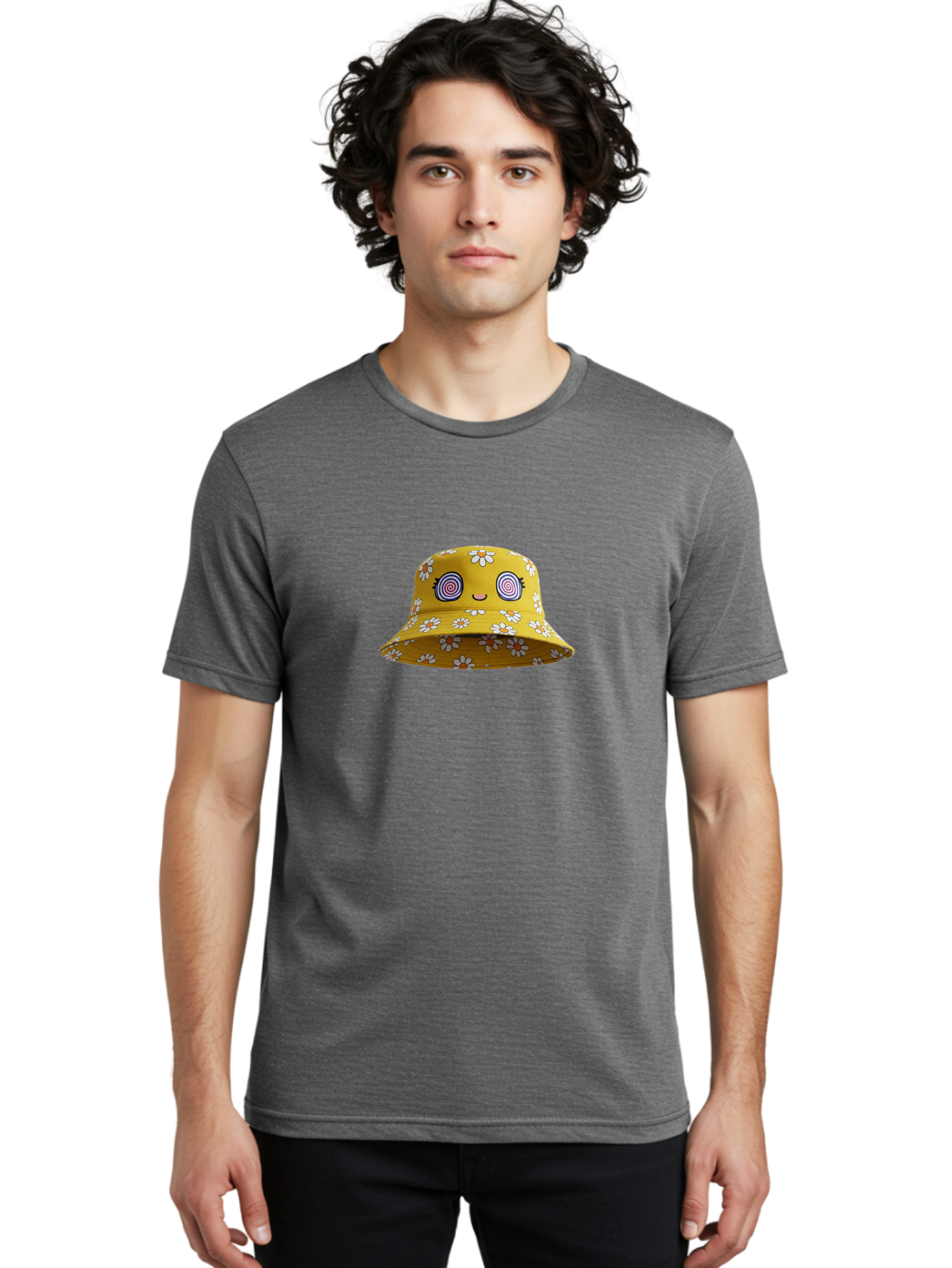 Yellow-Floral-Bucket-Hat Men'S Graphic Tee, 100% Cotton, Comfortable Casual Summer Wear, Machine Washable, Yellow Bucket Hat, Floral Pattern, Cartoon Face, Spiral Eyes, Smiling Mouth, Feminine Lashes, Fashion Accessory, Summer Hat, Beachwear, Bad939