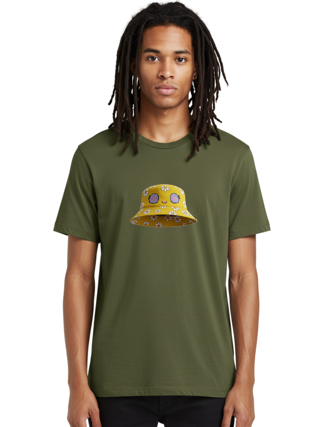 Yellow-Floral-Bucket-Hat Men'S Graphic Tee, 100% Cotton, Comfortable Casual Summer Wear, Machine Washable, Yellow Bucket Hat, Floral Pattern, Cartoon Face, Spiral Eyes, Smiling Mouth, Feminine Lashes, Fashion Accessory, Summer Hat, Beachwear, Bad939