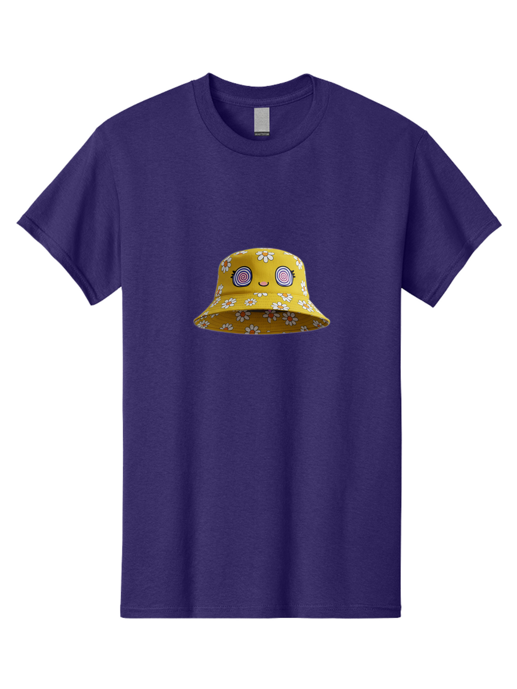 Yellow-Floral-Bucket-Hat Men'S Graphic Tee, 100% Cotton, Comfortable Casual Summer Wear, Machine Washable, Yellow Bucket Hat, Floral Pattern, Cartoon Face, Spiral Eyes, Smiling Mouth, Feminine Lashes, Fashion Accessory, Summer Hat, Beachwear, Bad939
