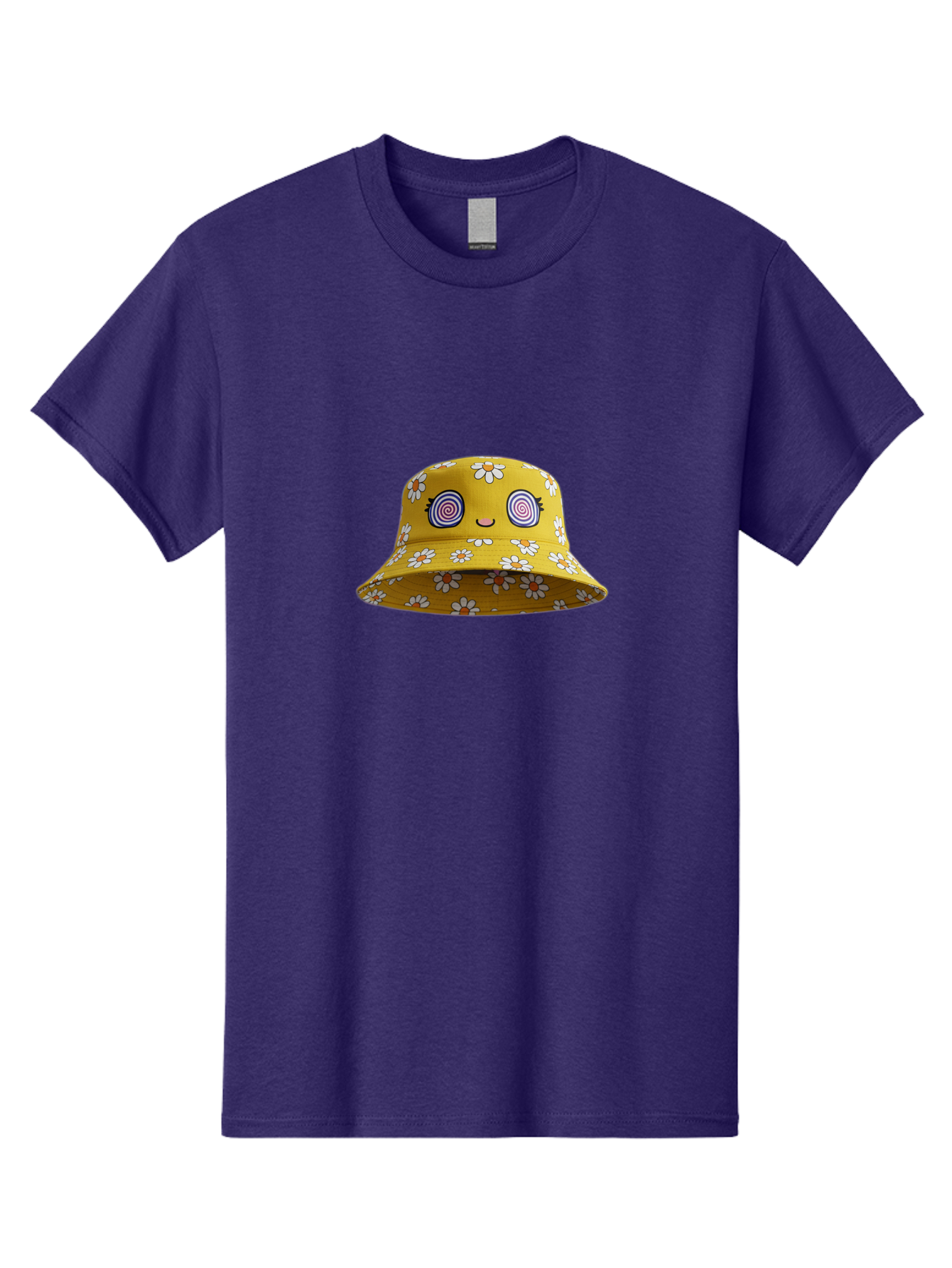 Yellow-Floral-Bucket-Hat Men'S Graphic Tee, 100% Cotton, Comfortable Casual Summer Wear, Machine Washable, Yellow Bucket Hat, Floral Pattern, Cartoon Face, Spiral Eyes, Smiling Mouth, Feminine Lashes, Fashion Accessory, Summer Hat, Beachwear, Bad939