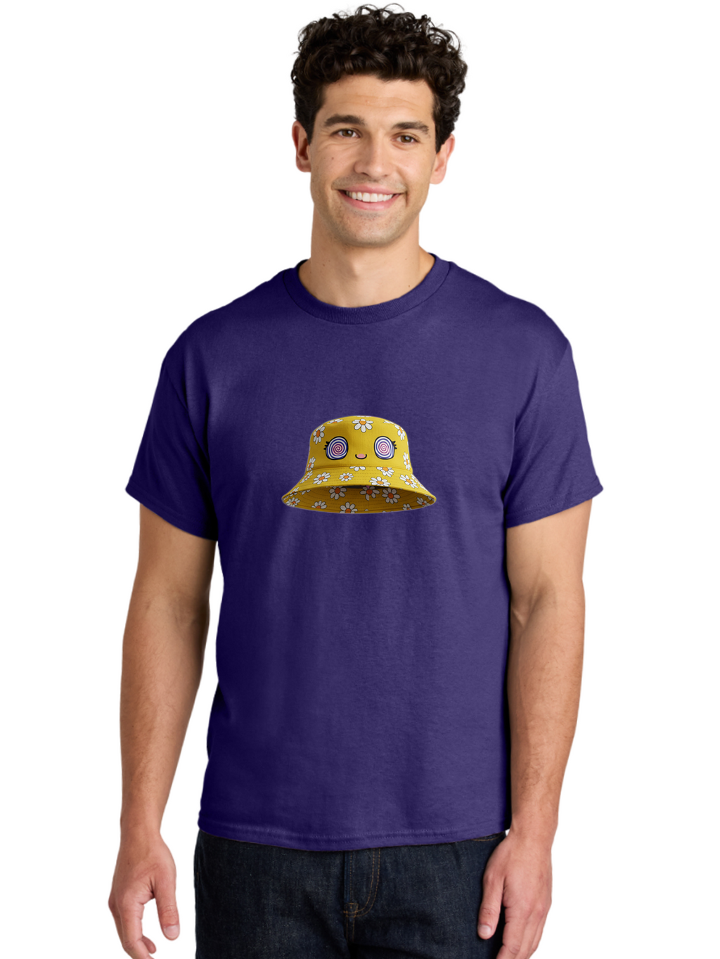 Yellow-Floral-Bucket-Hat Men'S Graphic Tee, 100% Cotton, Comfortable Casual Summer Wear, Machine Washable, Yellow Bucket Hat, Floral Pattern, Cartoon Face, Spiral Eyes, Smiling Mouth, Feminine Lashes, Fashion Accessory, Summer Hat, Beachwear, Bad939