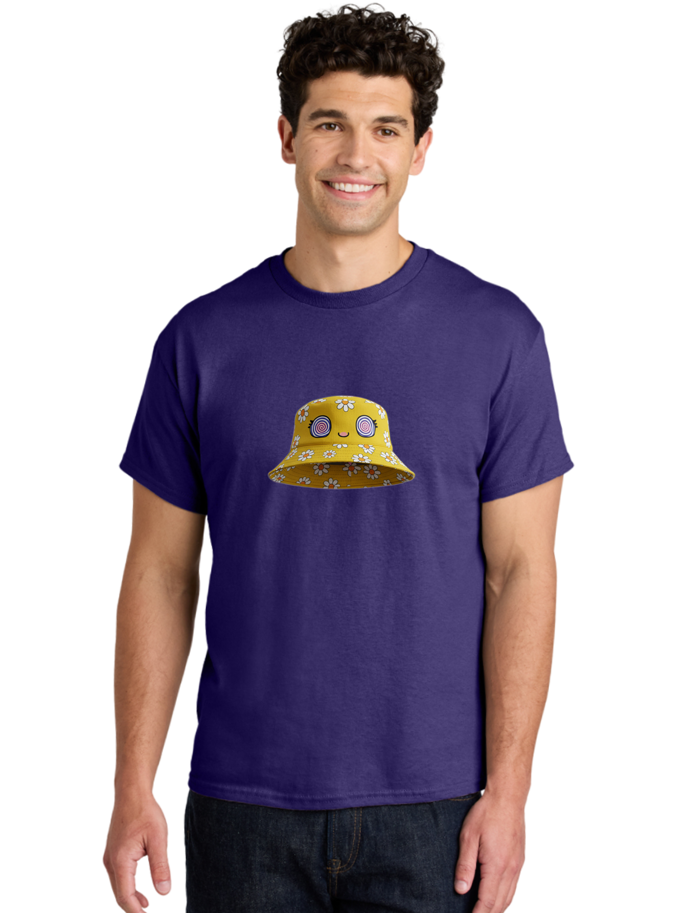 Yellow-Floral-Bucket-Hat Men'S Graphic Tee, 100% Cotton, Comfortable Casual Summer Wear, Machine Washable, Yellow Bucket Hat, Floral Pattern, Cartoon Face, Spiral Eyes, Smiling Mouth, Feminine Lashes, Fashion Accessory, Summer Hat, Beachwear, Bad939