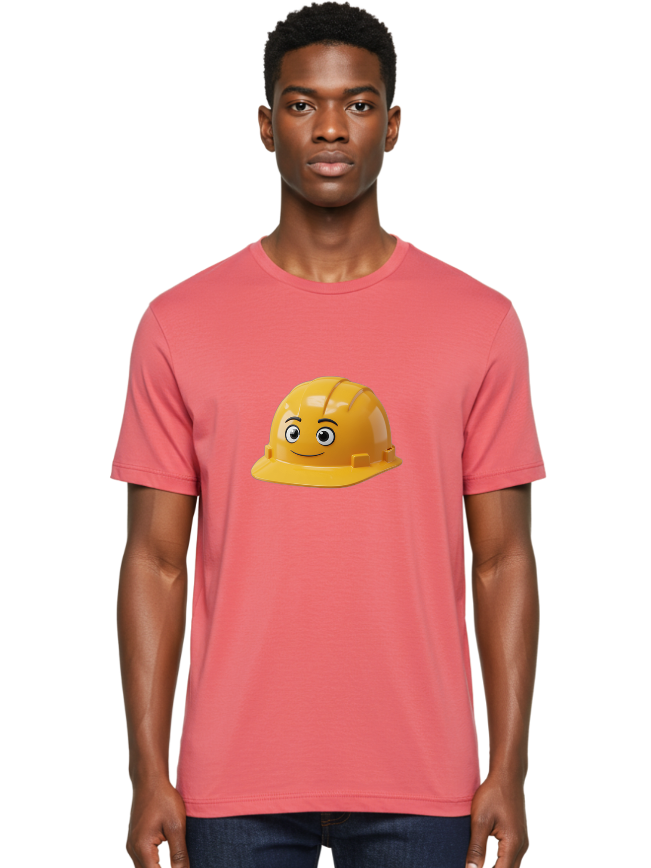 Yellow-Hard-Hat-1 Men'S Graphic Tee, 100% Cotton, Comfortable Casual Summer Wear, Machine Washable, Construction Hard Hat, Safety Helmet, Cartoon Character, Smiling Face, Yellow Plastic, Construction Worker, Protective Gear, Industrial Safety Bad940