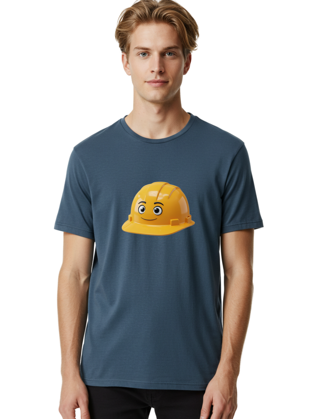 Yellow-Hard-Hat-1 Men'S Graphic Tee, 100% Cotton, Comfortable Casual Summer Wear, Machine Washable, Construction Hard Hat, Safety Helmet, Cartoon Character, Smiling Face, Yellow Plastic, Construction Worker, Protective Gear, Industrial Safety Bad940