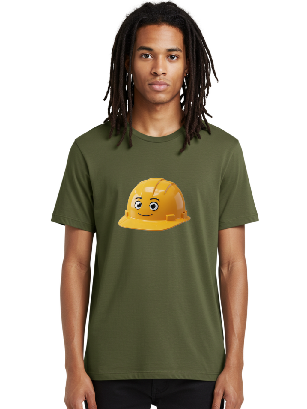 Yellow-Hard-Hat-1 Men'S Graphic Tee, 100% Cotton, Comfortable Casual Summer Wear, Machine Washable, Construction Hard Hat, Safety Helmet, Cartoon Character, Smiling Face, Yellow Plastic, Construction Worker, Protective Gear, Industrial Safety Bad940