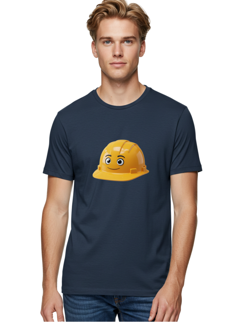 Yellow-Hard-Hat-1 Men'S Graphic Tee, 100% Cotton, Comfortable Casual Summer Wear, Machine Washable, Construction Hard Hat, Safety Helmet, Cartoon Character, Smiling Face, Yellow Plastic, Construction Worker, Protective Gear, Industrial Safety Bad940