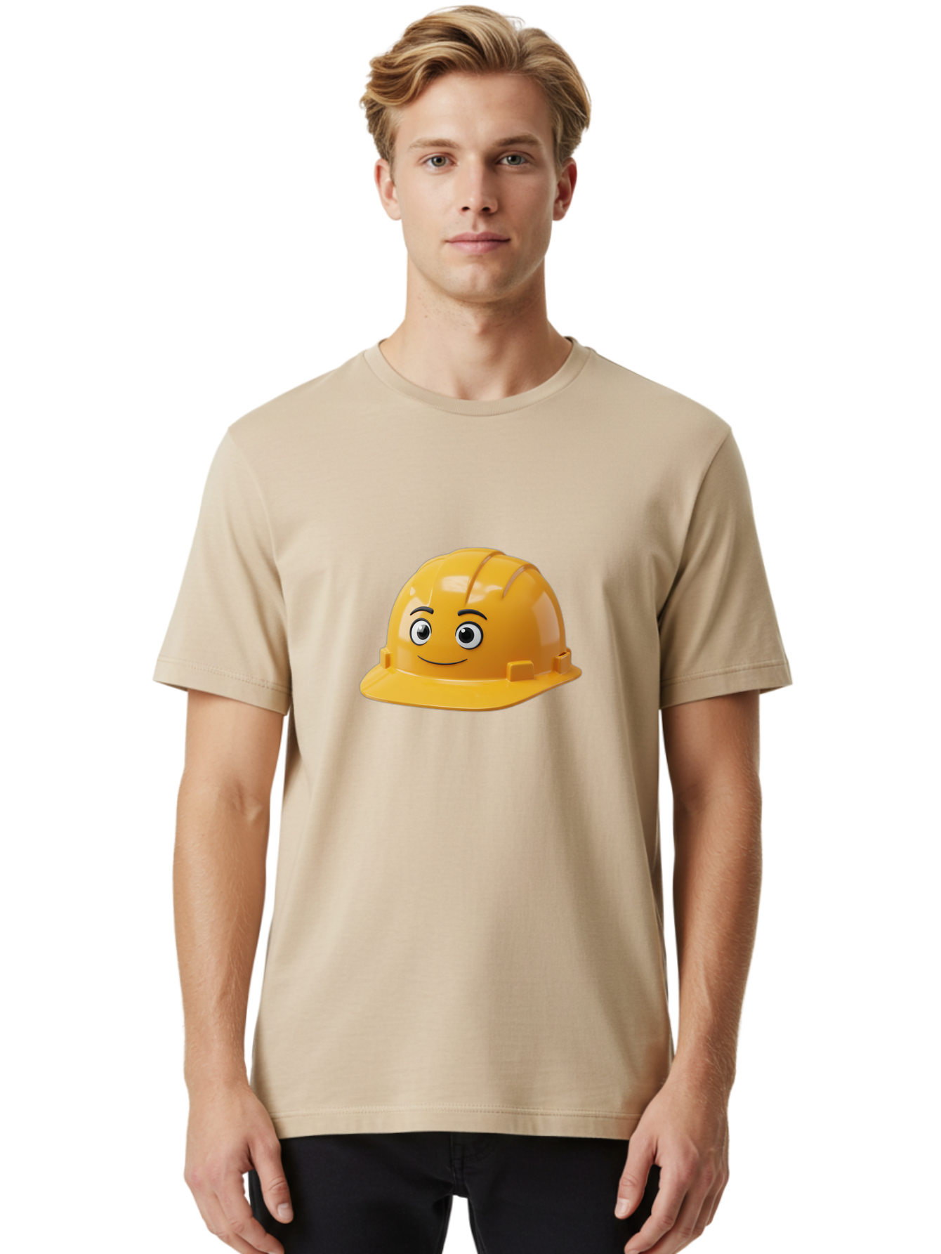 Yellow-Hard-Hat-1 Men'S Graphic Tee, 100% Cotton, Comfortable Casual Summer Wear, Machine Washable, Construction Hard Hat, Safety Helmet, Cartoon Character, Smiling Face, Yellow Plastic, Construction Worker, Protective Gear, Industrial Safety Bad940