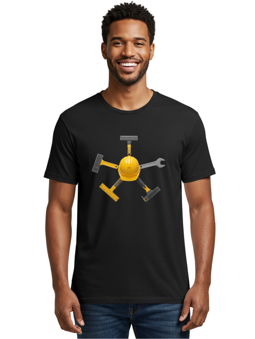 Yellow-Hard-Hat-2 Men'S Graphic Tee, 100% Cotton, Comfortable Casual Summer Wear, Machine Washable, Yellow Hard Hat, Construction Tools Arrangement, Creative Display, Construction Equipment, Squeegee, Putty Knife, Level, Adjustable Wrench, Bad941