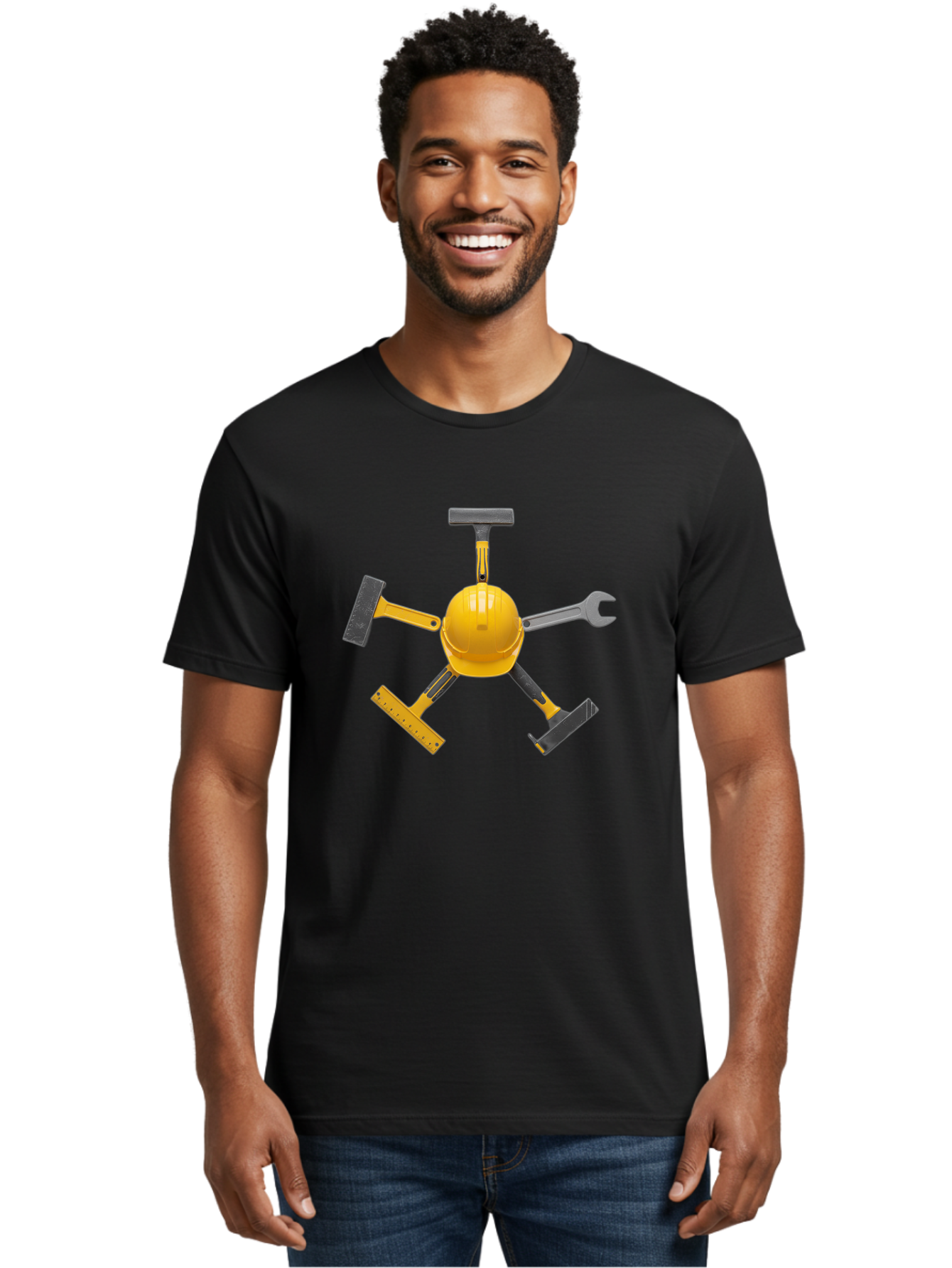 Yellow-Hard-Hat-2 Men'S Graphic Tee, 100% Cotton, Comfortable Casual Summer Wear, Machine Washable, Yellow Hard Hat, Construction Tools Arrangement, Creative Display, Construction Equipment, Squeegee, Putty Knife, Level, Adjustable Wrench, Bad941