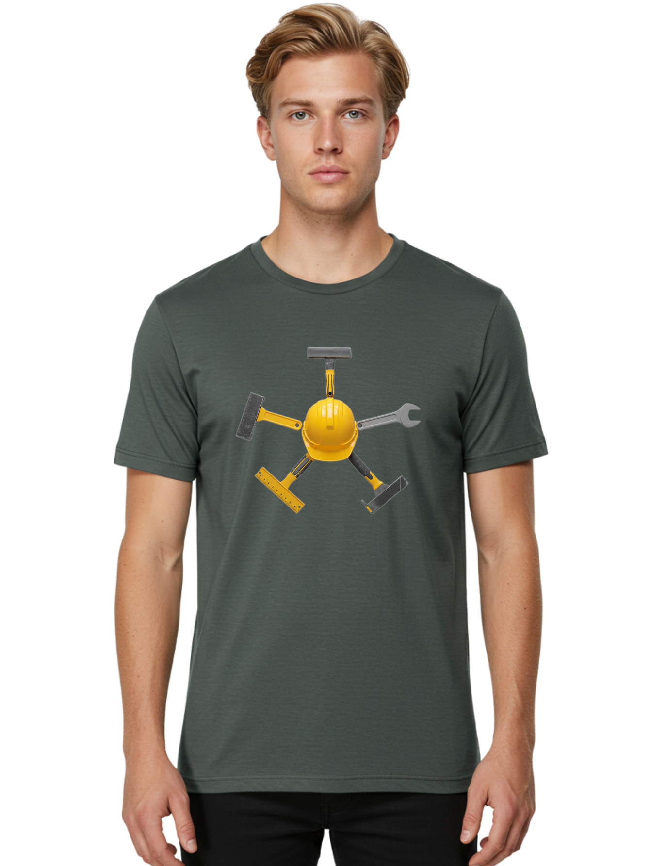 Yellow-Hard-Hat-2 Men'S Graphic Tee, 100% Cotton, Comfortable Casual Summer Wear, Machine Washable, Yellow Hard Hat, Construction Tools Arrangement, Creative Display, Construction Equipment, Squeegee, Putty Knife, Level, Adjustable Wrench, Bad941