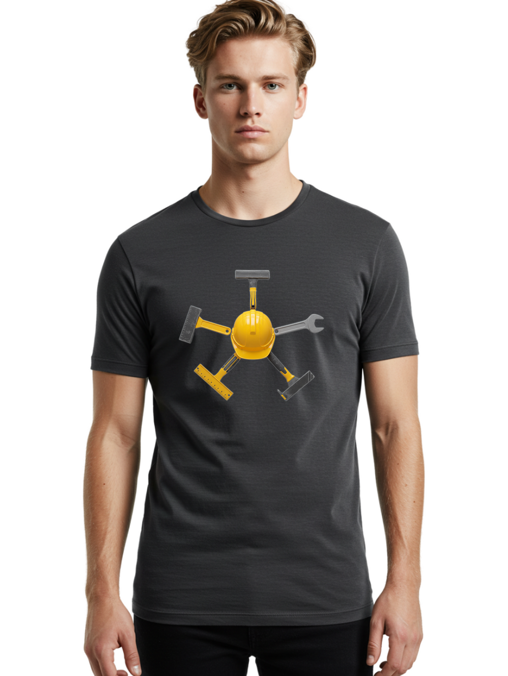 Yellow-Hard-Hat-2 Men'S Graphic Tee, 100% Cotton, Comfortable Casual Summer Wear, Machine Washable, Yellow Hard Hat, Construction Tools Arrangement, Creative Display, Construction Equipment, Squeegee, Putty Knife, Level, Adjustable Wrench, Bad941