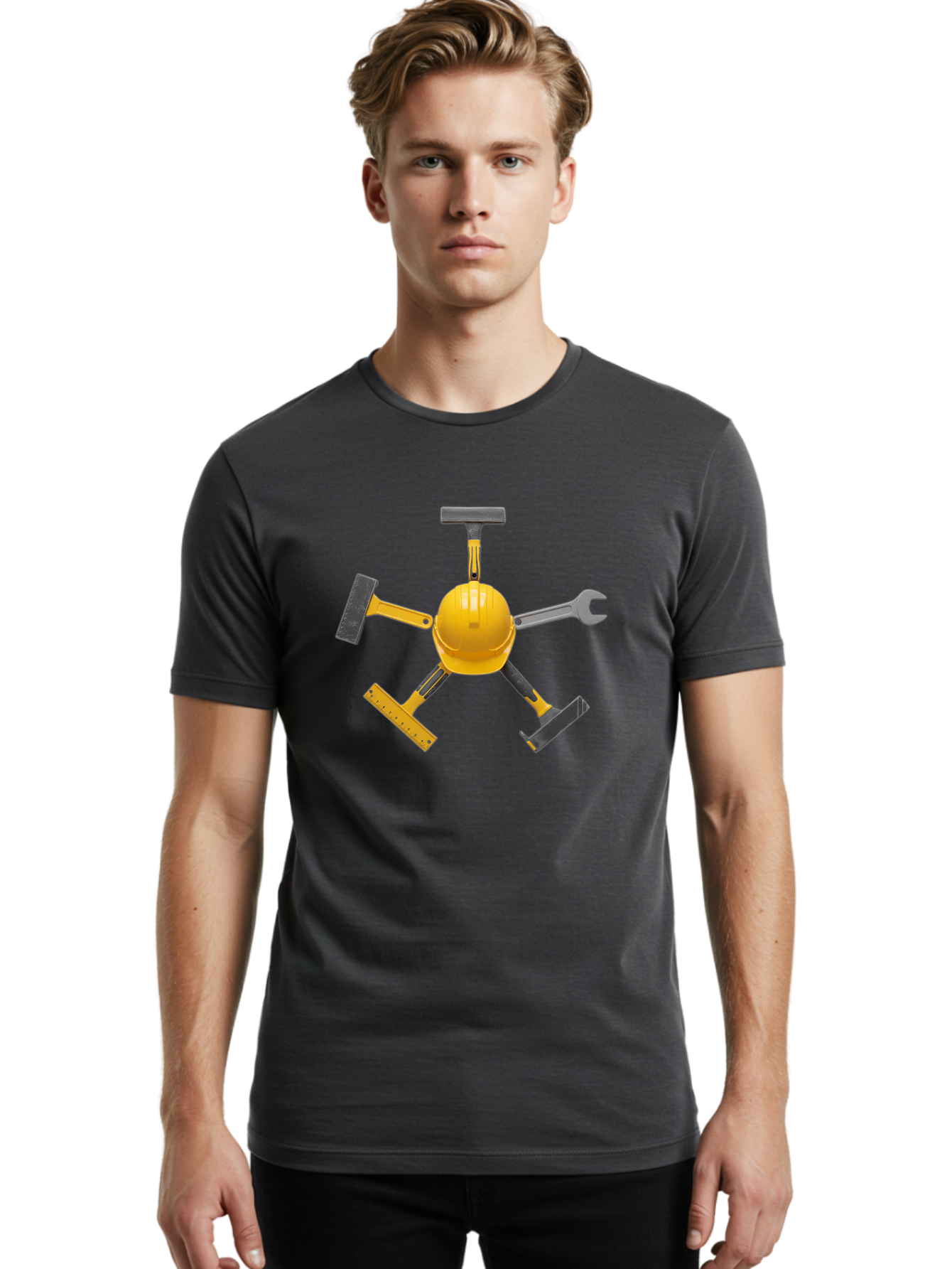 Yellow-Hard-Hat-2 Men'S Graphic Tee, 100% Cotton, Comfortable Casual Summer Wear, Machine Washable, Yellow Hard Hat, Construction Tools Arrangement, Creative Display, Construction Equipment, Squeegee, Putty Knife, Level, Adjustable Wrench, Bad941