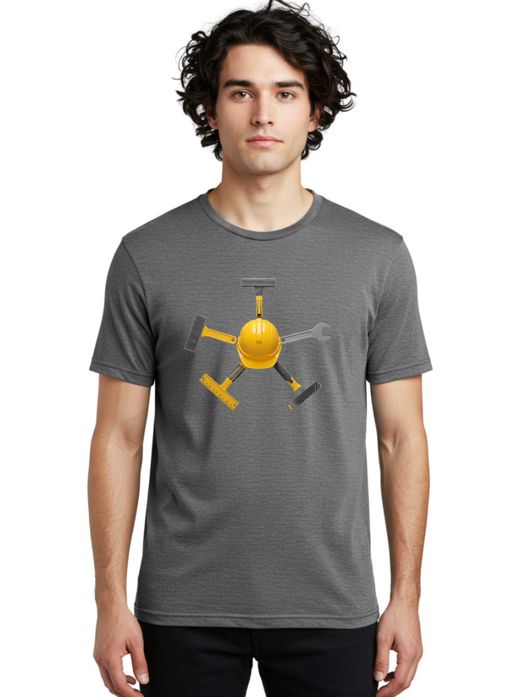 Yellow-Hard-Hat-2 Men'S Graphic Tee, 100% Cotton, Comfortable Casual Summer Wear, Machine Washable, Yellow Hard Hat, Construction Tools Arrangement, Creative Display, Construction Equipment, Squeegee, Putty Knife, Level, Adjustable Wrench, Bad941