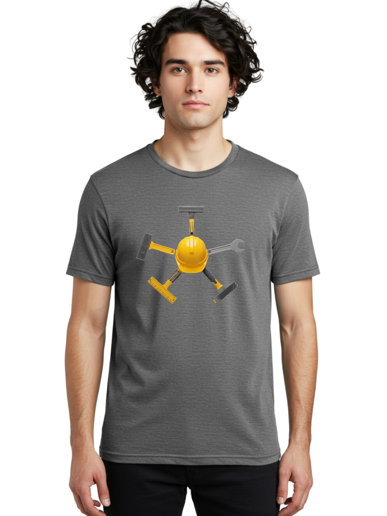 Yellow-Hard-Hat-2 Men'S Graphic Tee, 100% Cotton, Comfortable Casual Summer Wear, Machine Washable, Yellow Hard Hat, Construction Tools Arrangement, Creative Display, Construction Equipment, Squeegee, Putty Knife, Level, Adjustable Wrench, Bad941
