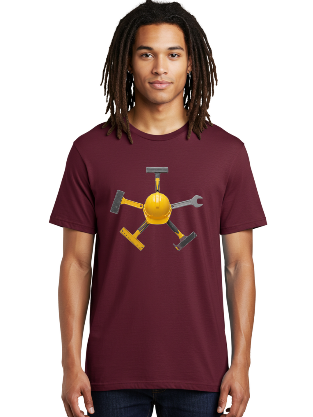 Yellow-Hard-Hat-2 Men'S Graphic Tee, 100% Cotton, Comfortable Casual Summer Wear, Machine Washable, Yellow Hard Hat, Construction Tools Arrangement, Creative Display, Construction Equipment, Squeegee, Putty Knife, Level, Adjustable Wrench, Bad941