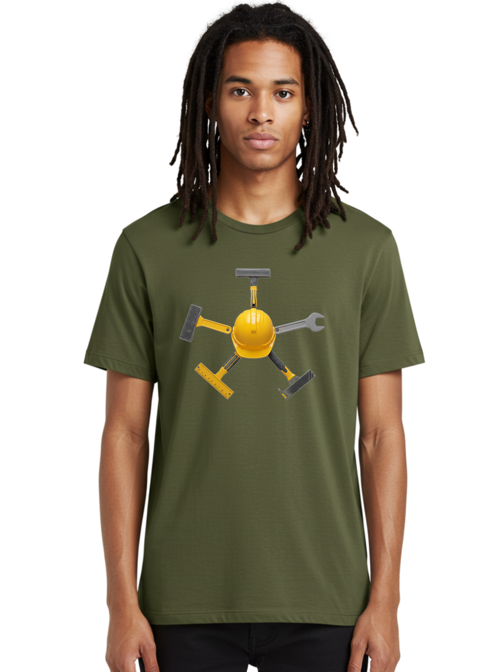 Yellow-Hard-Hat-2 Men'S Graphic Tee, 100% Cotton, Comfortable Casual Summer Wear, Machine Washable, Yellow Hard Hat, Construction Tools Arrangement, Creative Display, Construction Equipment, Squeegee, Putty Knife, Level, Adjustable Wrench, Bad941