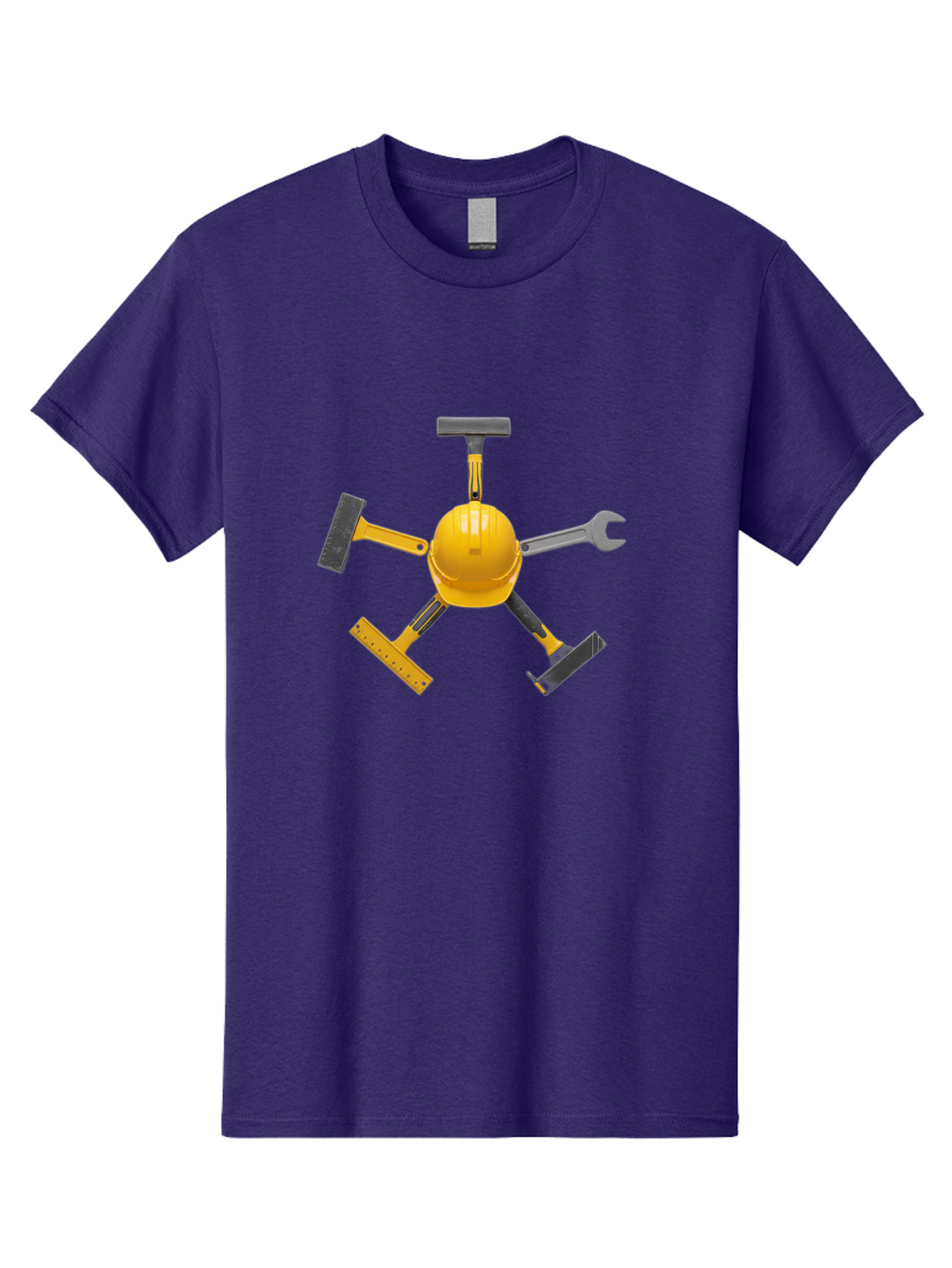 Yellow-Hard-Hat-2 Men'S Graphic Tee, 100% Cotton, Comfortable Casual Summer Wear, Machine Washable, Yellow Hard Hat, Construction Tools Arrangement, Creative Display, Construction Equipment, Squeegee, Putty Knife, Level, Adjustable Wrench, Bad941
