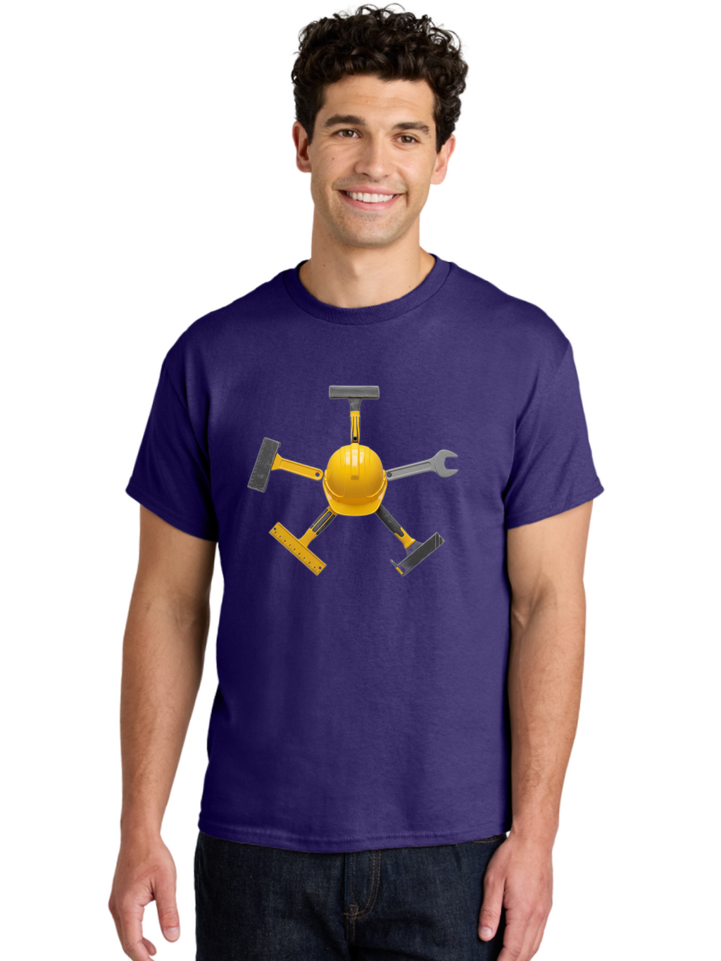 Yellow-Hard-Hat-2 Men'S Graphic Tee, 100% Cotton, Comfortable Casual Summer Wear, Machine Washable, Yellow Hard Hat, Construction Tools Arrangement, Creative Display, Construction Equipment, Squeegee, Putty Knife, Level, Adjustable Wrench, Bad941