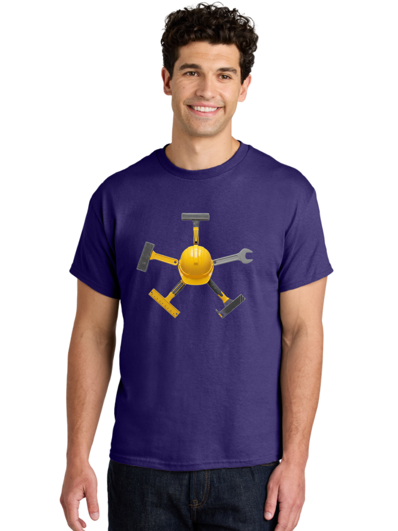 Yellow-Hard-Hat-2 Men'S Graphic Tee, 100% Cotton, Comfortable Casual Summer Wear, Machine Washable, Yellow Hard Hat, Construction Tools Arrangement, Creative Display, Construction Equipment, Squeegee, Putty Knife, Level, Adjustable Wrench, Bad941