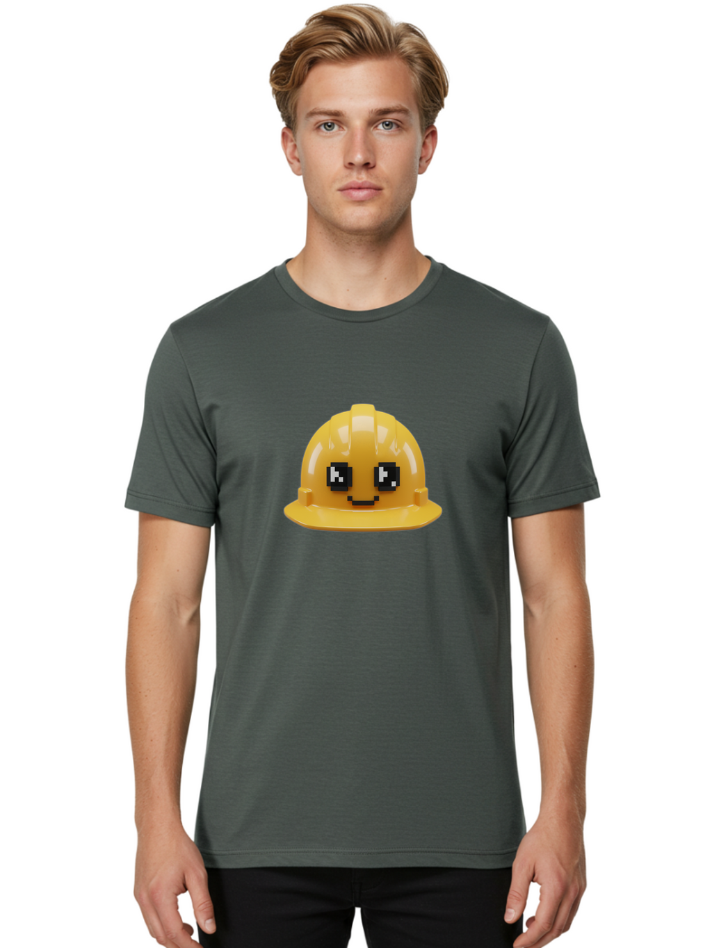 Yellow-Hard-Hat Men'S Graphic Tee, 100% Cotton, Comfortable Casual Summer Wear, Machine Washable, Yellow Hard Hat, Smiling Face, Pixelated Eyes, Construction Worker, Safety Gear, Cartoon Character, Funny Hat Bad943