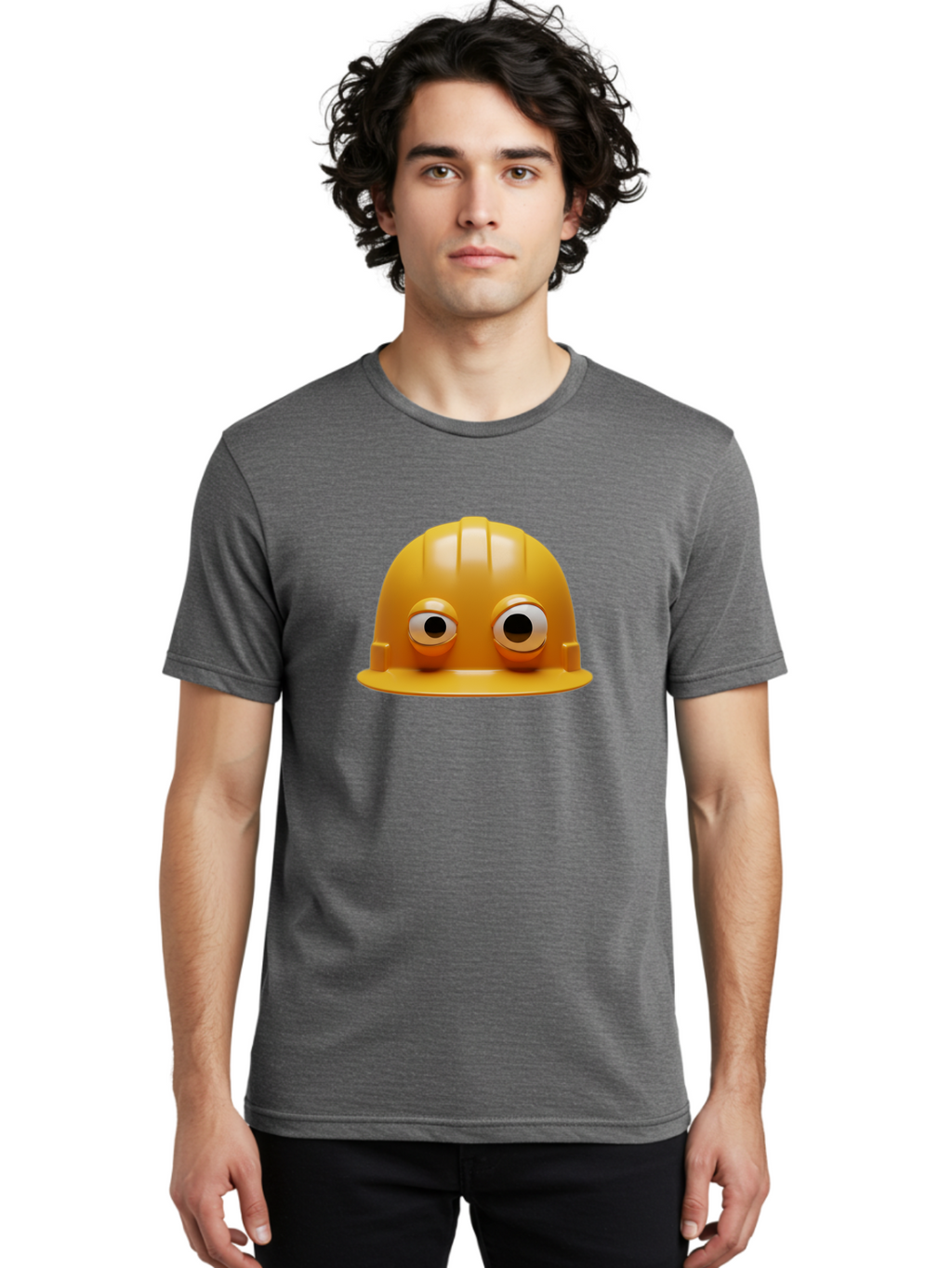 Yellow-Hardhat Men'S Graphic Tee, 100% Cotton, Comfortable Casual Summer Wear, Machine Washable, Safety Hardhat, Yellow Helmet, Funny Construction Hat, Cartoon Character, Comedic Element, Construction Worker Symbol, Quirky Illustration, Bad944
