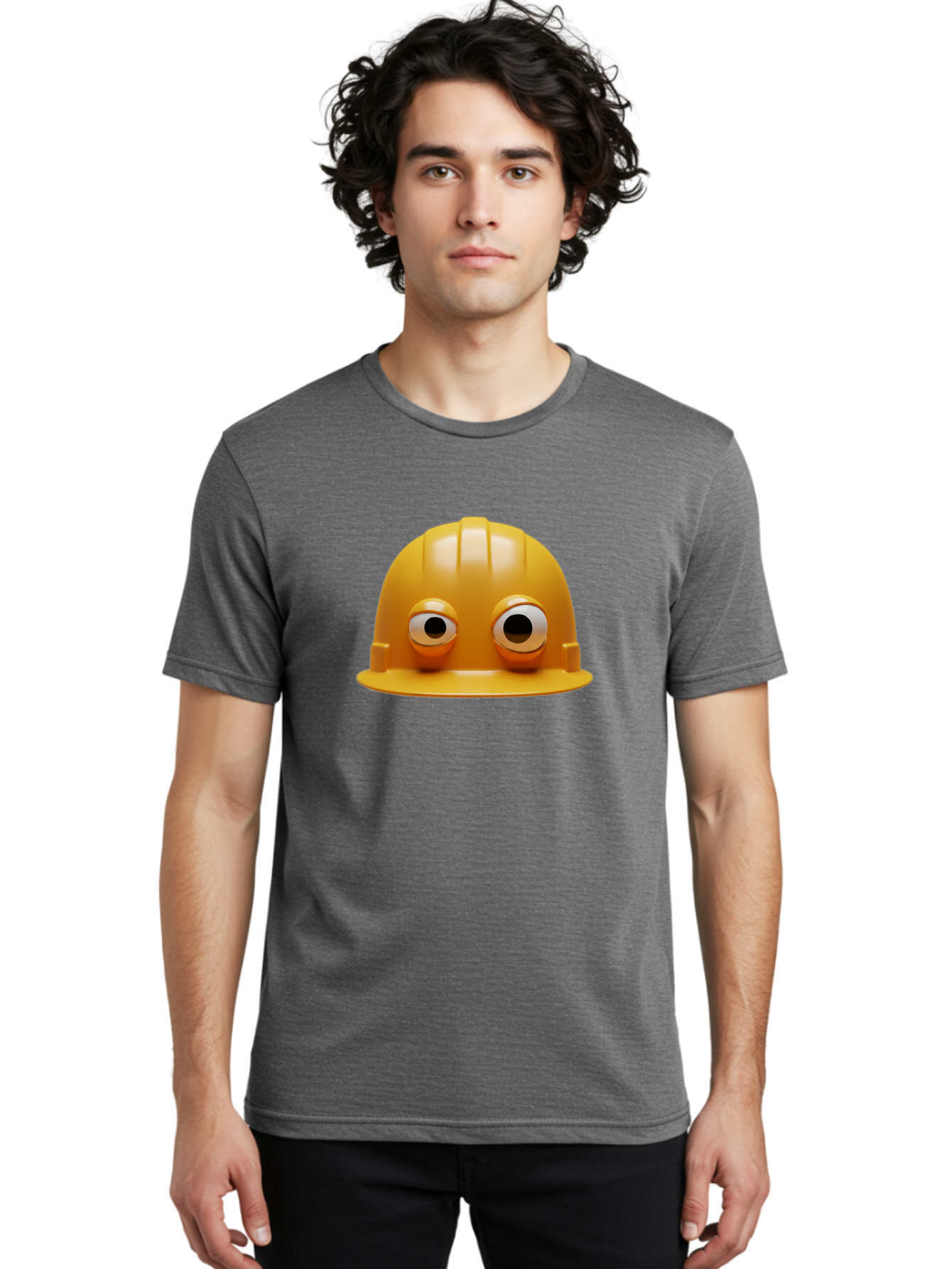 Yellow-Hardhat Men'S Graphic Tee, 100% Cotton, Comfortable Casual Summer Wear, Machine Washable, Safety Hardhat, Yellow Helmet, Funny Construction Hat, Cartoon Character, Comedic Element, Construction Worker Symbol, Quirky Illustration, Bad944