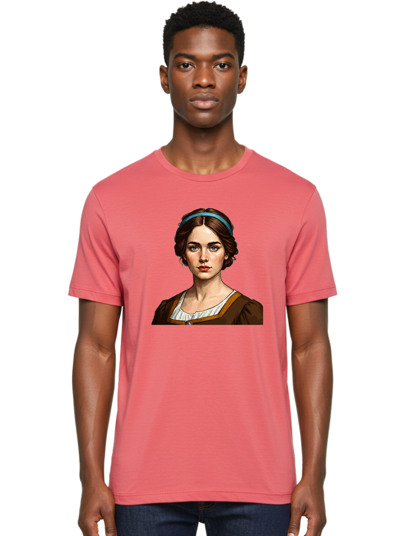 Young-Woman-Portrait-1 Men'S Graphic Tee, 100% Cotton, Comfortable Casual Summer Wear, Machine Washable, Young Woman Portrait, Blue Eyes, Brown Hair, Blue Headband, Brown Dress, White Collar, Renaissance-Inspired Art, Digital Illustration, Bad945