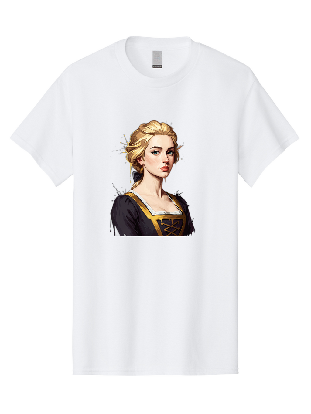 Young-Woman-Portrait Men'S Graphic Tee, 100% Cotton, Comfortable Casual Summer Wear, Machine Washable, Blonde Woman, Renaissance Portrait, Elegant Attire, Blue Eyes, Gold Accents, Medieval Fashion, Historical Figure, Realistic Portrait, Bad946