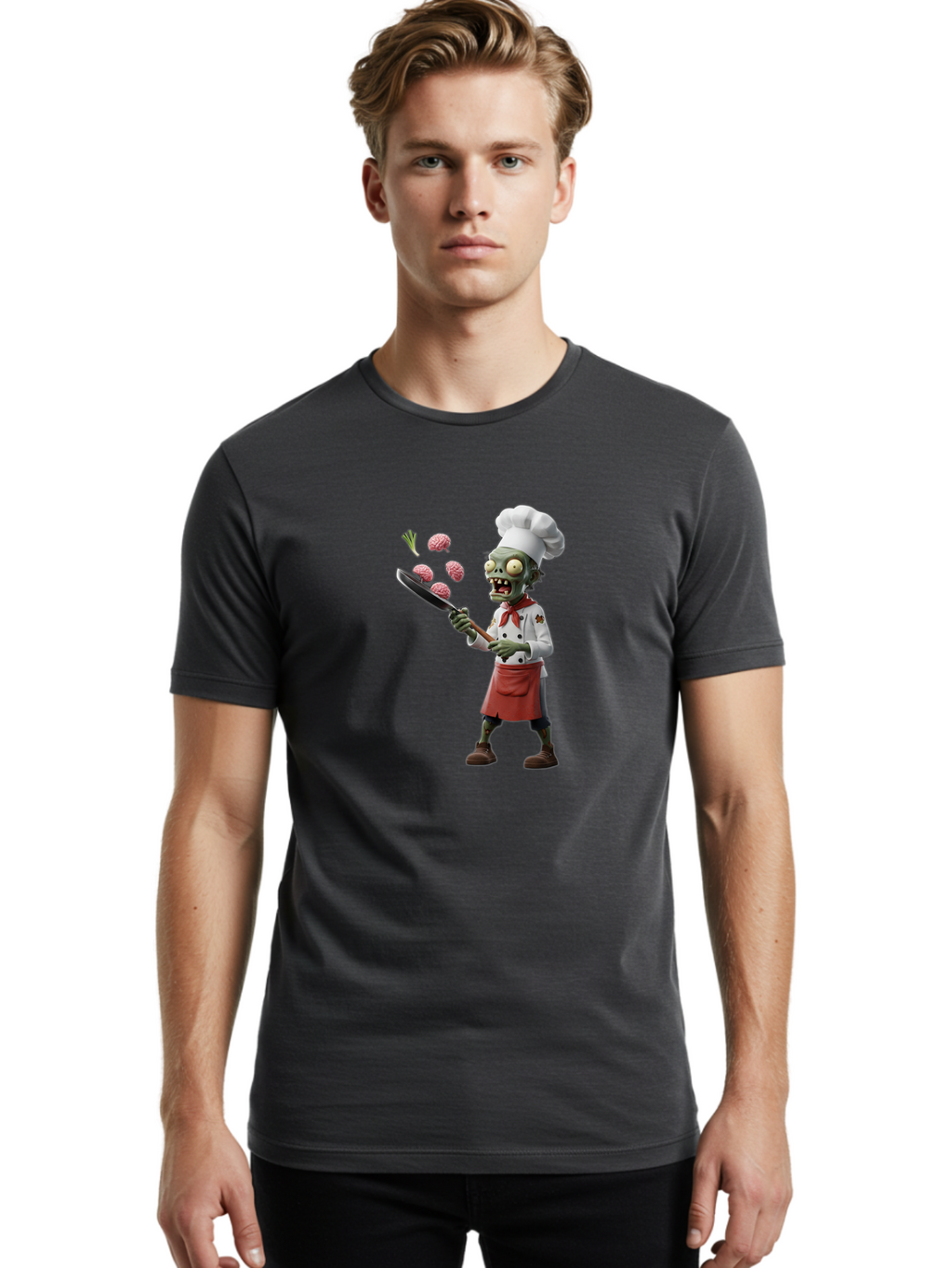 Zombie-Chef Men'S Graphic Tee, 100% Cotton, Comfortable Casual Summer Wear, Machine Washable, Zombie Chef Cooking Brains, Undead Culinary Delights, Spooky Kitchen Scene, Brain Cuisine, Horror Cooking, Creepy Chef, Zombie Cooking Show Bad948