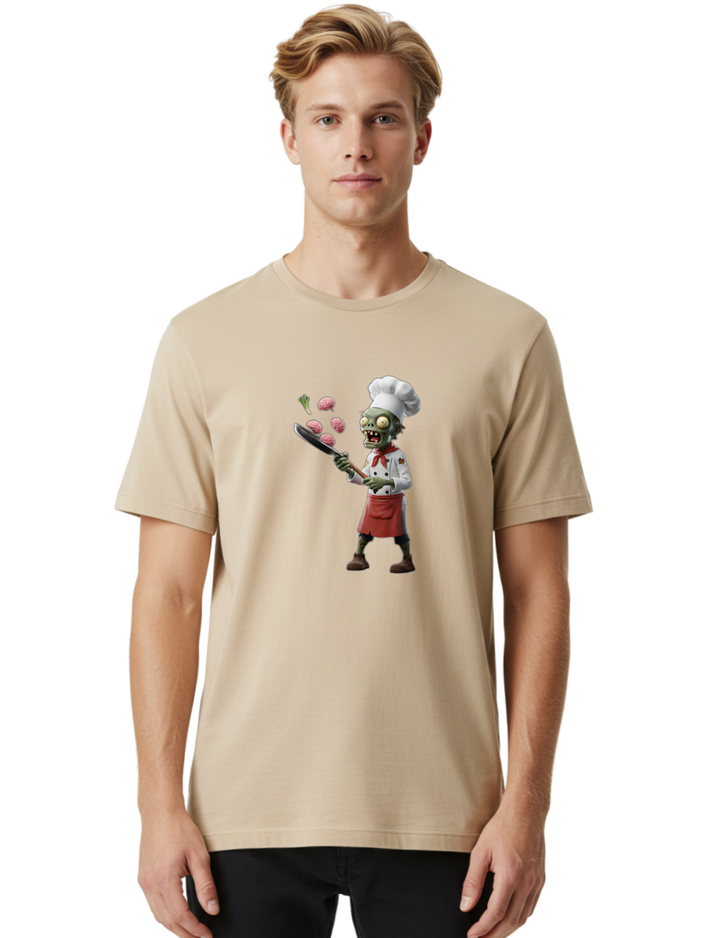 Zombie-Chef Men'S Graphic Tee, 100% Cotton, Comfortable Casual Summer Wear, Machine Washable, Zombie Chef Cooking Brains, Undead Culinary Delights, Spooky Kitchen Scene, Brain Cuisine, Horror Cooking, Creepy Chef, Zombie Cooking Show Bad948