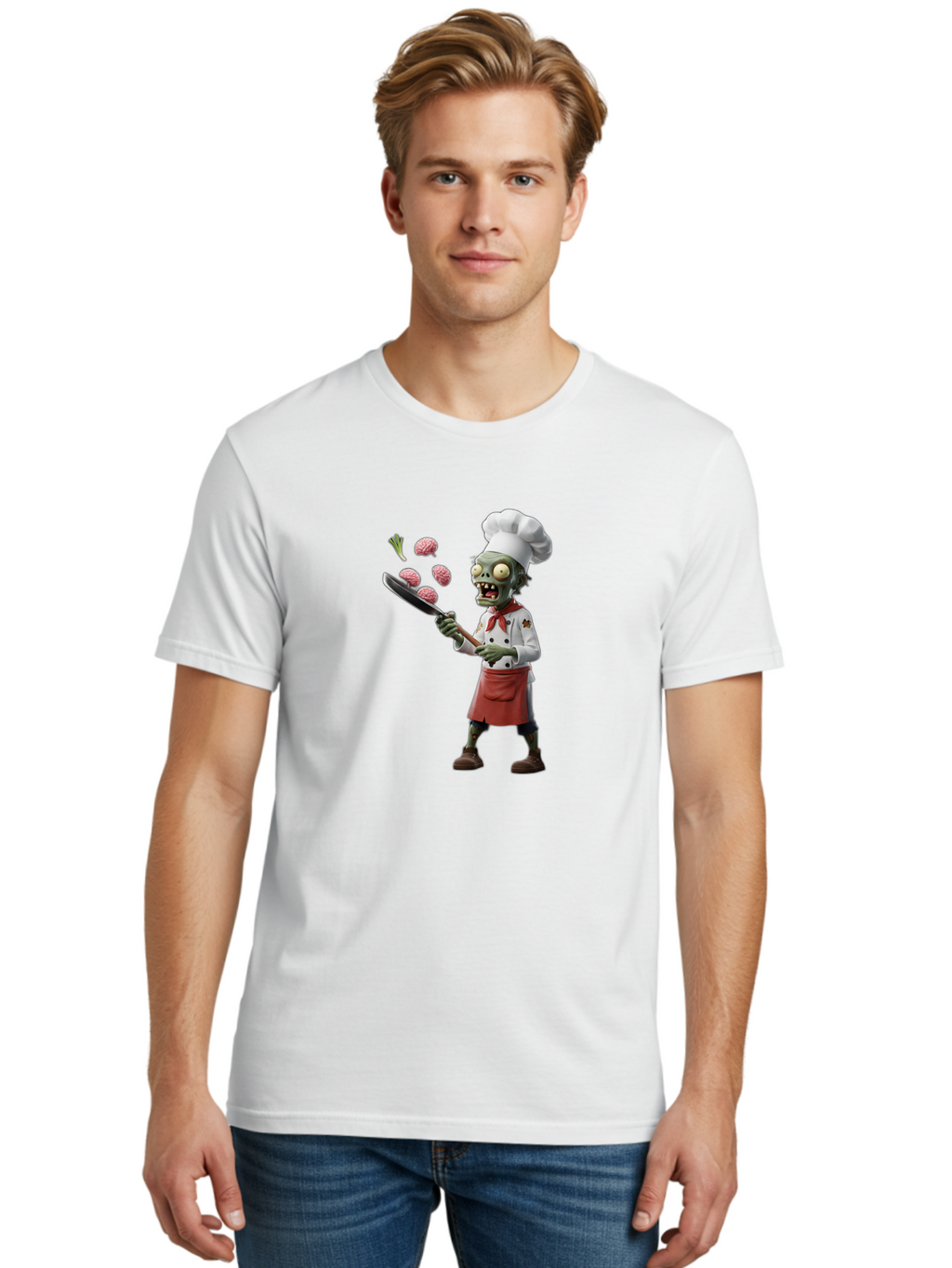 Zombie-Chef Men'S Graphic Tee, 100% Cotton, Comfortable Casual Summer Wear, Machine Washable, Zombie Chef Cooking Brains, Undead Culinary Delights, Spooky Kitchen Scene, Brain Cuisine, Horror Cooking, Creepy Chef, Zombie Cooking Show Bad948