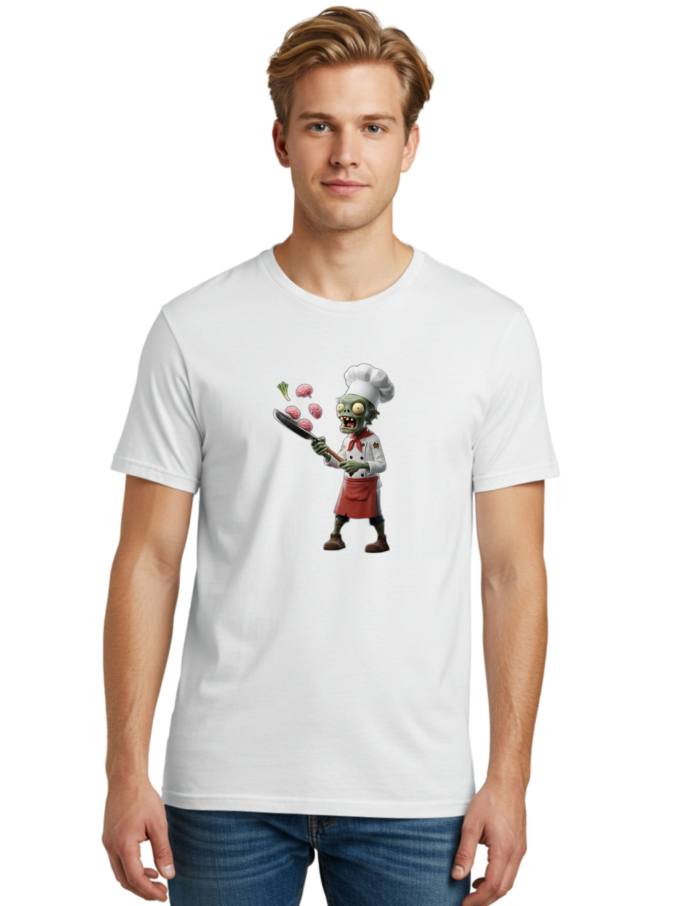 Zombie-Chef Men'S Graphic Tee, 100% Cotton, Comfortable Casual Summer Wear, Machine Washable, Zombie Chef Cooking Brains, Undead Culinary Delights, Spooky Kitchen Scene, Brain Cuisine, Horror Cooking, Creepy Chef, Zombie Cooking Show Bad948