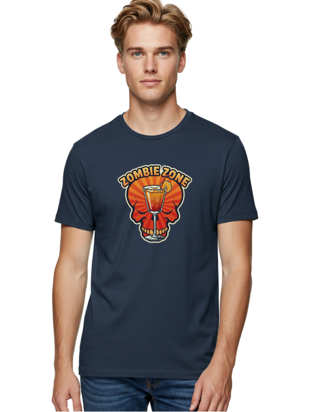 Zombie-Zone Men'S Graphic Tee, 100% Cotton, Comfortable Casual Summer Wear, Machine Washable, Zombie Zone Cocktail, Orange And Red Skull, Tiki Drink, Zombie-Themed Bar, Cocktail Party, Summer Vibes, Orange Drink, Horror-Themed Drinks Bad949