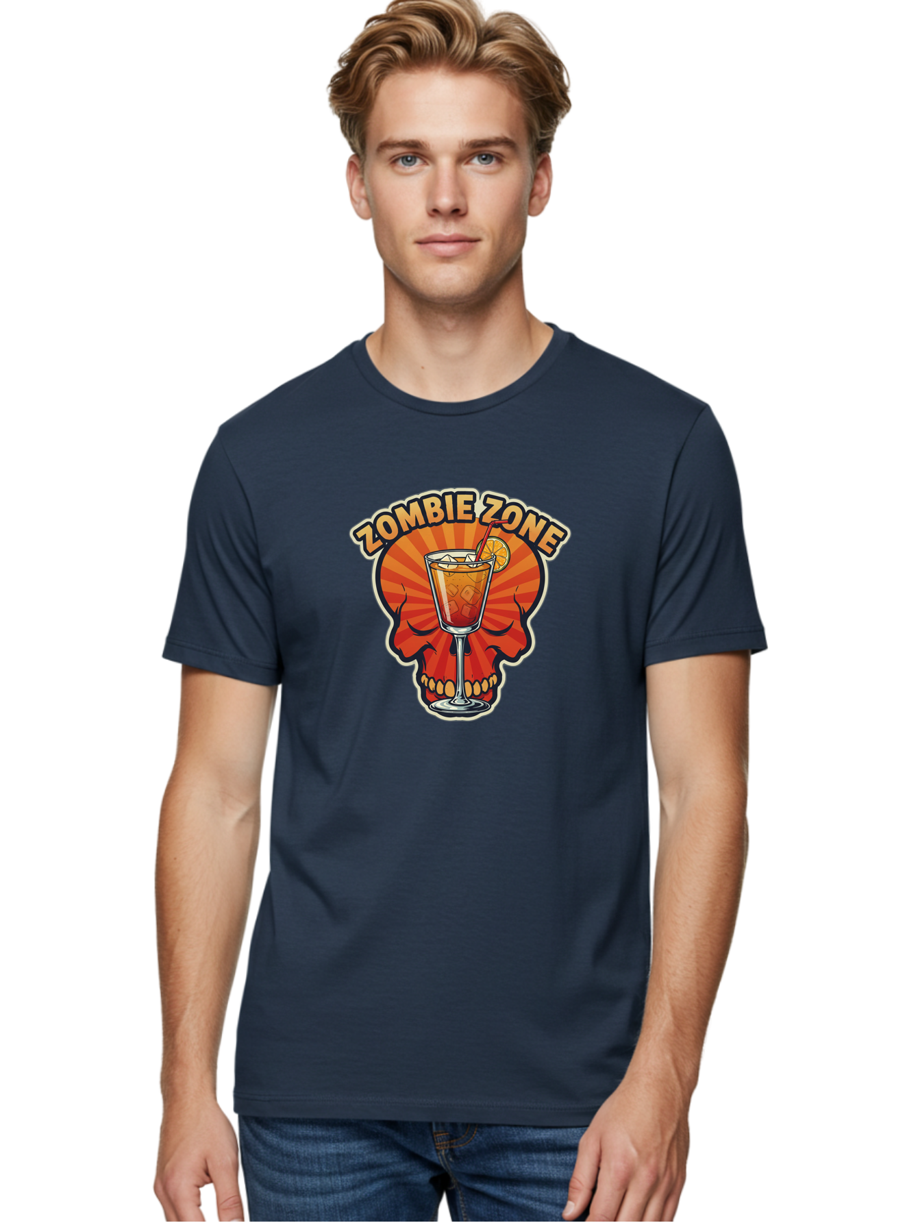 Zombie-Zone Men'S Graphic Tee, 100% Cotton, Comfortable Casual Summer Wear, Machine Washable, Zombie Zone Cocktail, Orange And Red Skull, Tiki Drink, Zombie-Themed Bar, Cocktail Party, Summer Vibes, Orange Drink, Horror-Themed Drinks Bad949