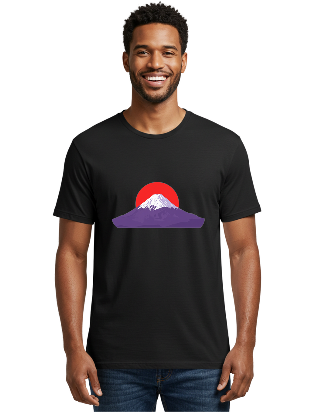 Fuji Men'S Graphic Tee, 100% Cotton, Comfortable Casual Summer Wear, Machine Washable, Mount Fuji Landscape, Red Sun, White Snow, Purple Mountain, Japan Scenery, Minimalist Art, Simple Shapes, Iconic Landmark, Serene Atmosphere, Bad952