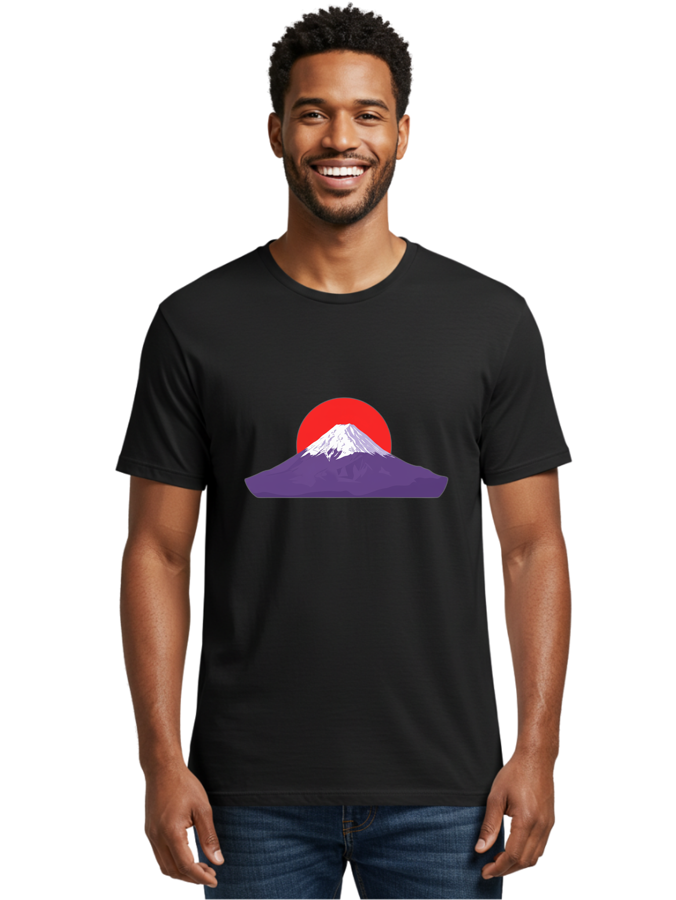Fuji Men'S Graphic Tee, 100% Cotton, Comfortable Casual Summer Wear, Machine Washable, Mount Fuji Landscape, Red Sun, White Snow, Purple Mountain, Japan Scenery, Minimalist Art, Simple Shapes, Iconic Landmark, Serene Atmosphere, Bad952