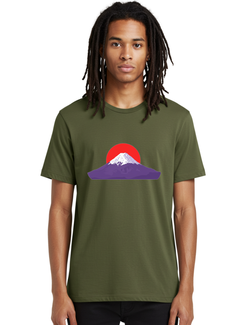 Fuji Men'S Graphic Tee, 100% Cotton, Comfortable Casual Summer Wear, Machine Washable, Mount Fuji Landscape, Red Sun, White Snow, Purple Mountain, Japan Scenery, Minimalist Art, Simple Shapes, Iconic Landmark, Serene Atmosphere, Bad952
