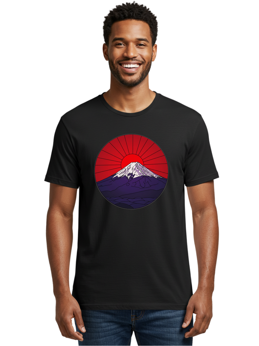 Fujisan Men'S Graphic Tee, 100% Cotton, Comfortable Casual Summer Wear, Machine Washable, Mount Fuji Landscape, Red Sunrise, Iconic Mountain, Japan Scenery, Minimalist Art, Sunrise Over Mountains, Snow-Capped Peak Bad953