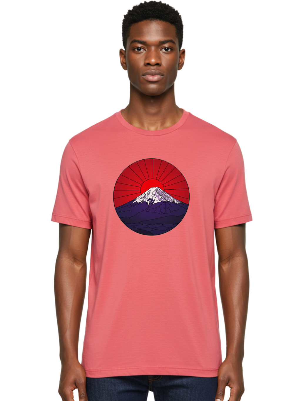 Fujisan Men'S Graphic Tee, 100% Cotton, Comfortable Casual Summer Wear, Machine Washable, Mount Fuji Landscape, Red Sunrise, Iconic Mountain, Japan Scenery, Minimalist Art, Sunrise Over Mountains, Snow-Capped Peak Bad953