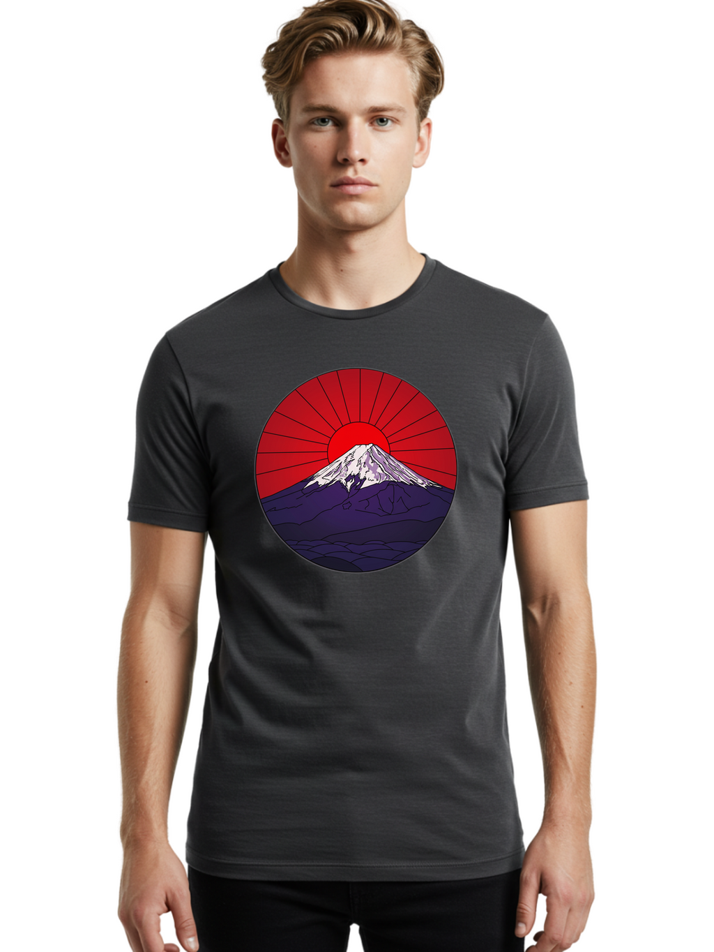 Fujisan Men'S Graphic Tee, 100% Cotton, Comfortable Casual Summer Wear, Machine Washable, Mount Fuji Landscape, Red Sunrise, Iconic Mountain, Japan Scenery, Minimalist Art, Sunrise Over Mountains, Snow-Capped Peak Bad953